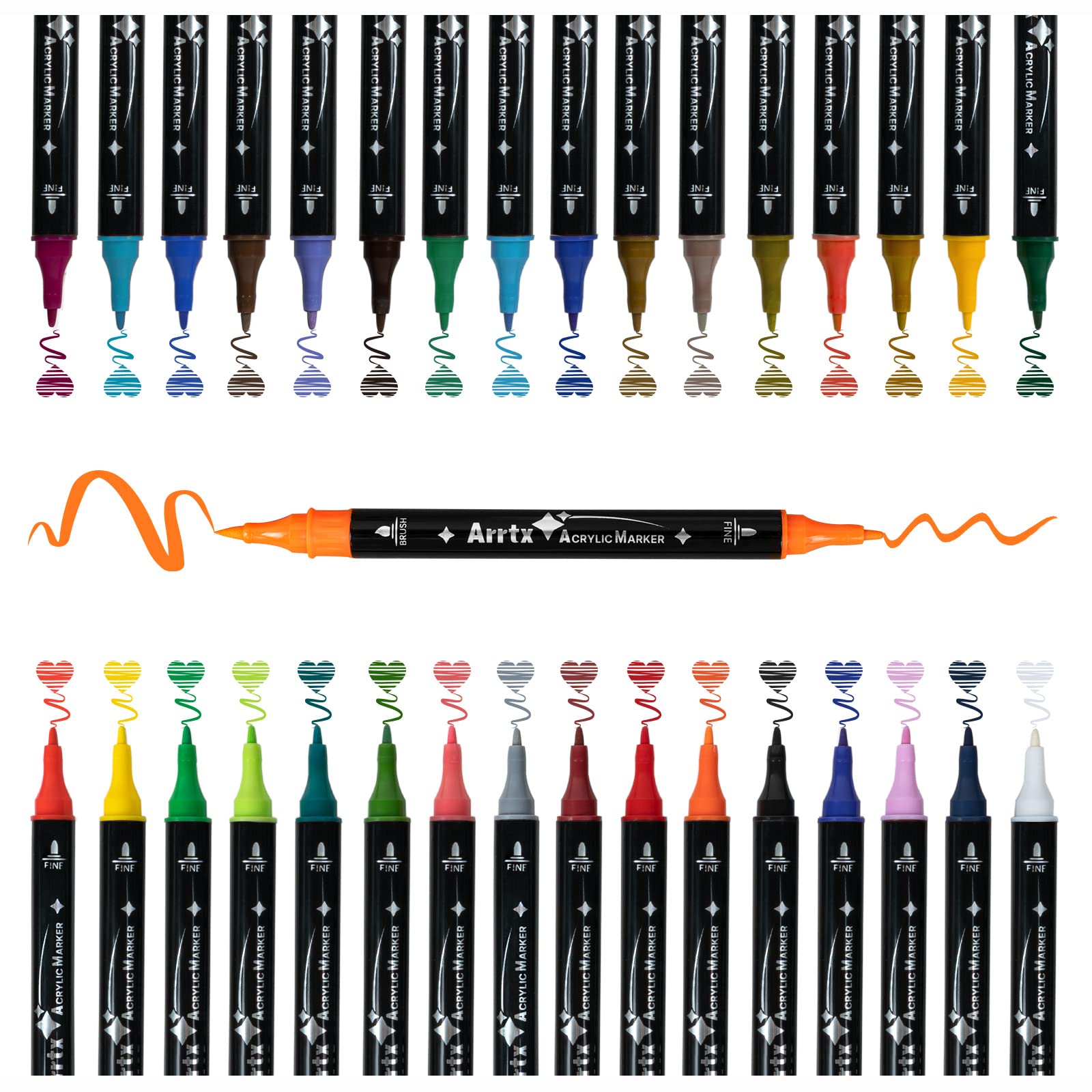 Arrtx Acrylic Paint Pens, 32 Colours Brush and Fine Tips Acrylic Markers, Rock Painting Pens Glass Pens with Water Based Ink for Metal, Plastic, Wood,