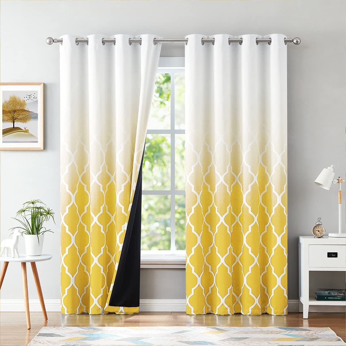 Beauoop Blackout Curtains for Living Room Yellow Ombre Curtains 90 Inch Drop Geometric Print Eyelet Curtain for Bedroom Room Darkening Thermal
