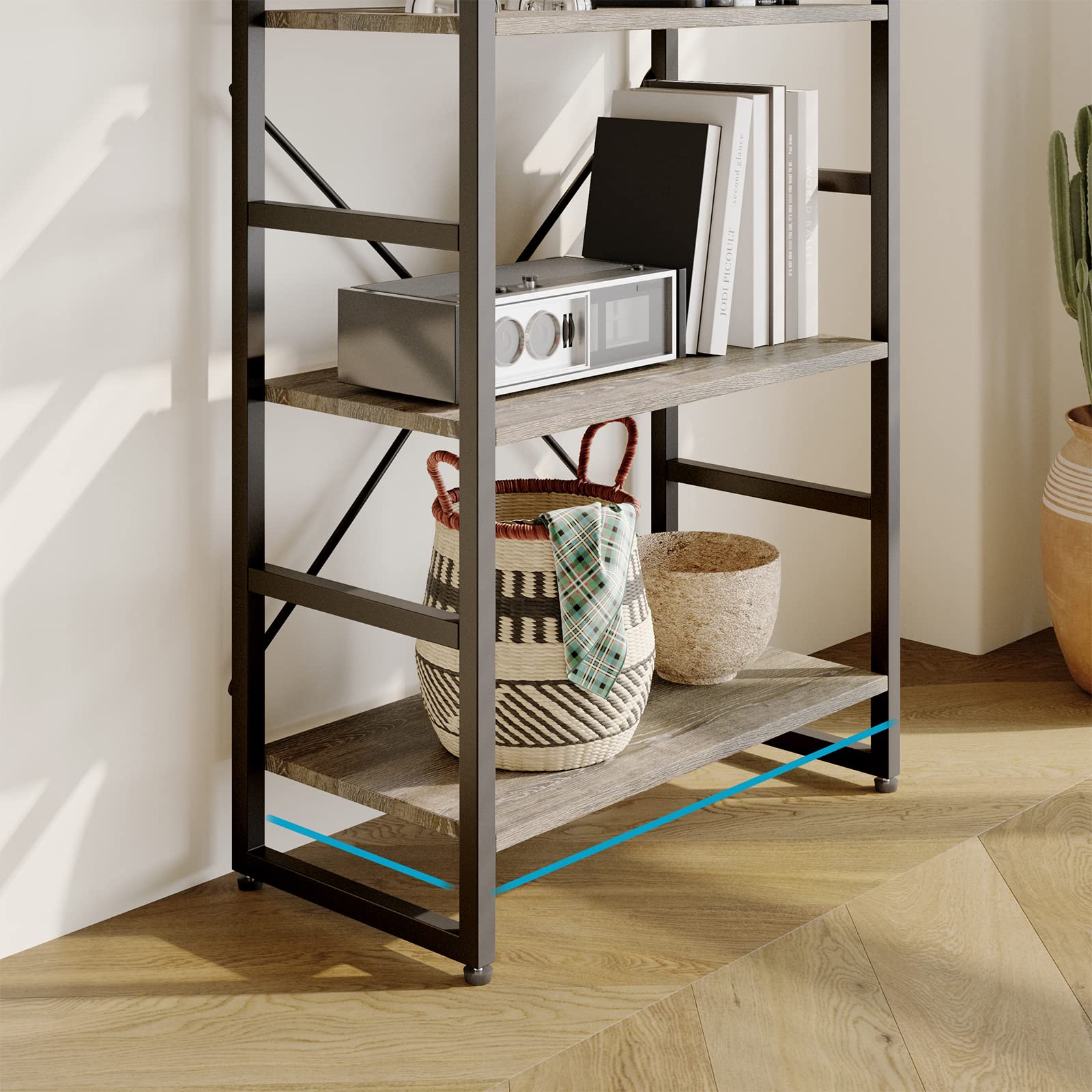TREETALK 5 Tier Bookshelf, Standing Bookcase with 2 X-shape Frame,Adjustable Leg pads, Industrial Storage Rack for Office, Living Room (Grey)