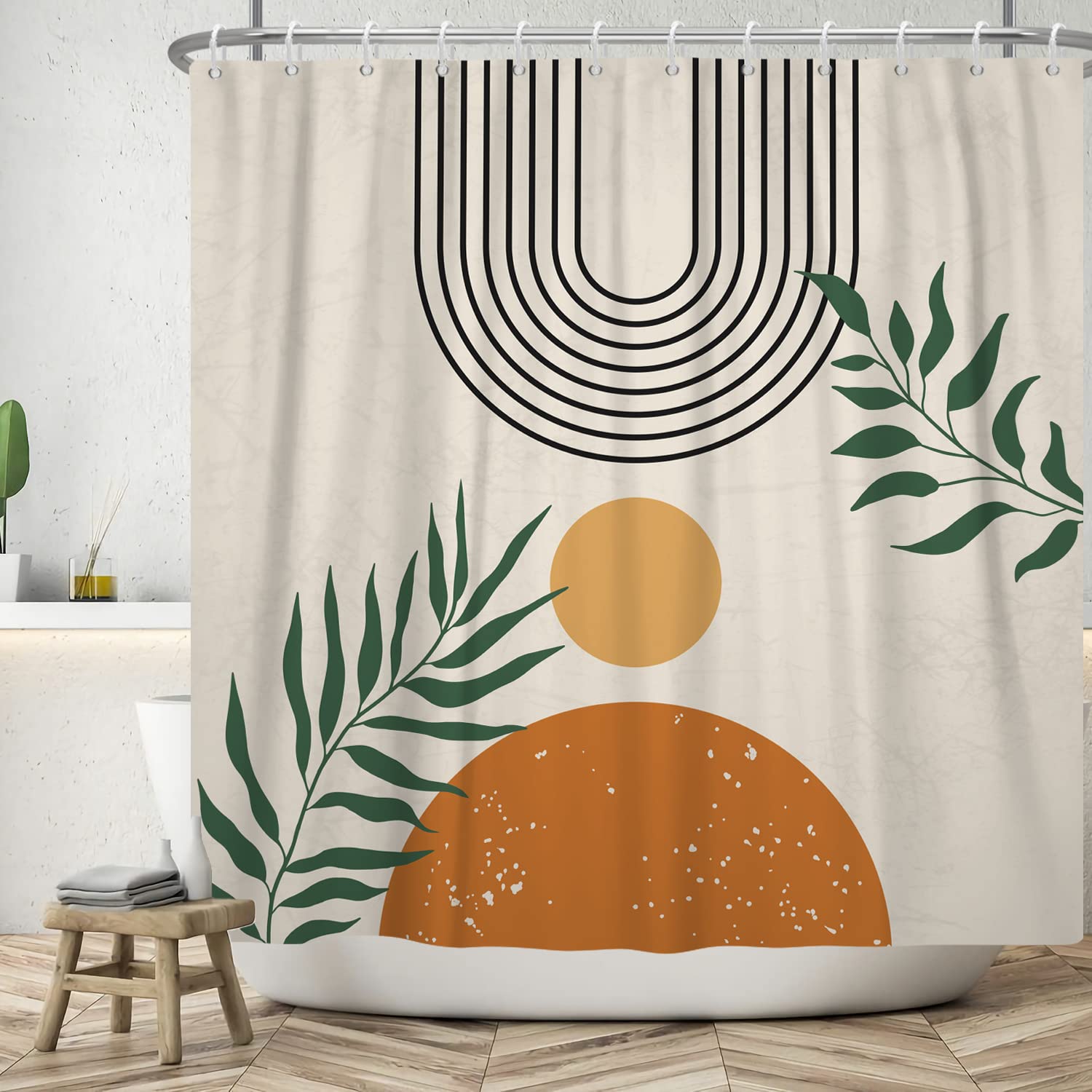 ASDCXZ Boho Shower Curtain 180x180 cm, Modern Abstract Art Green Leaves Orange Sun Line Beige Bath Washable Shower Curtains Polyester Textile