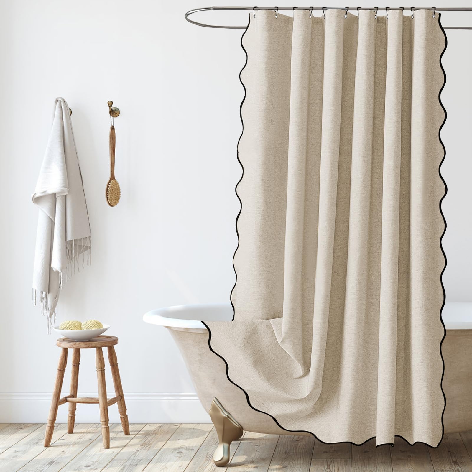 SK Studio Scalloped Shower Curtain Waterproof Linen Textured Washable Cloth Hotel Spa Bath Curtain for Bathroom with 12 Metal Hooks, Beige, 71" W x