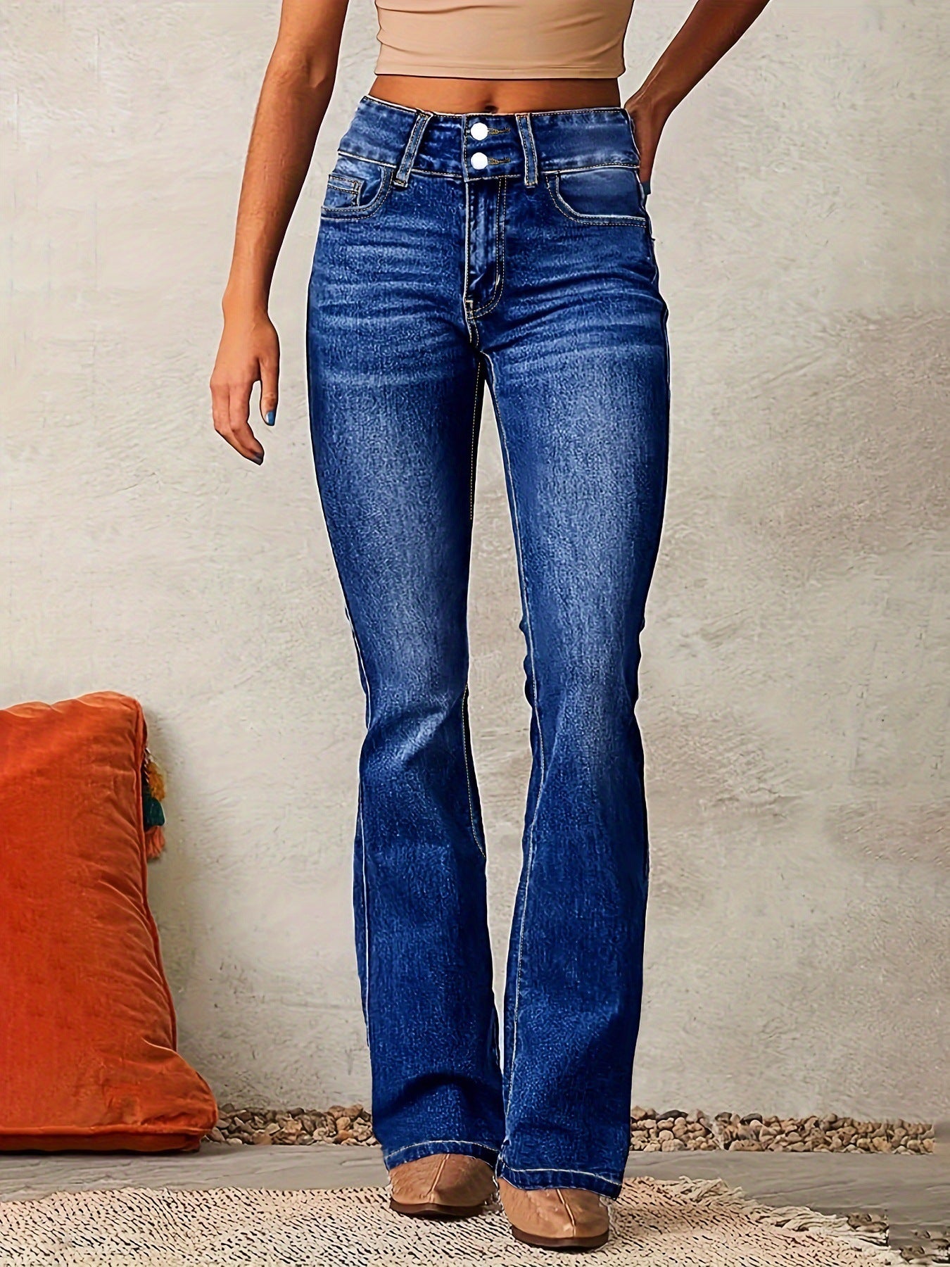 Skinny Flared Jeans With Pockets Fashion Button Zipper Trousers Women's Slim Denim Pants