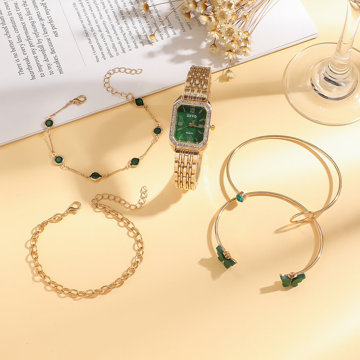 Wild Emerald Square Steel Watch Butterfly Bracelet 5pcsset Gift Set