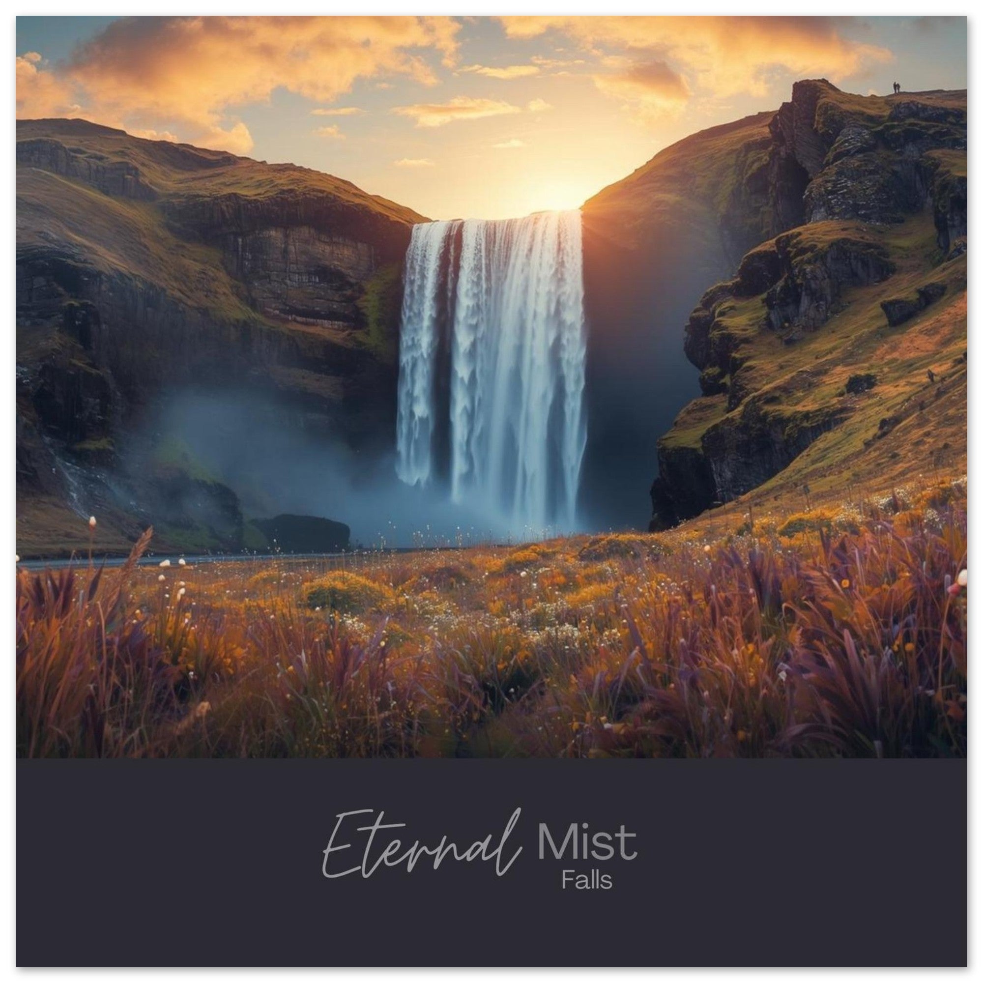 Eternal Mist Waterfall Poster | Sunset Landscape Wall Art | Modern Nature Decor