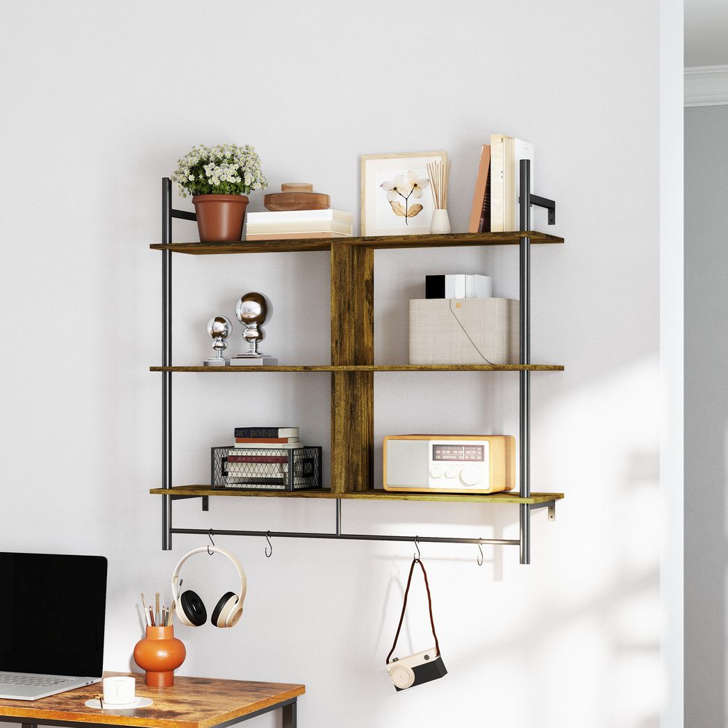 HOMCOM Wall Shelf Unit with 4 Hooks for Living Room Grey Wood Effect