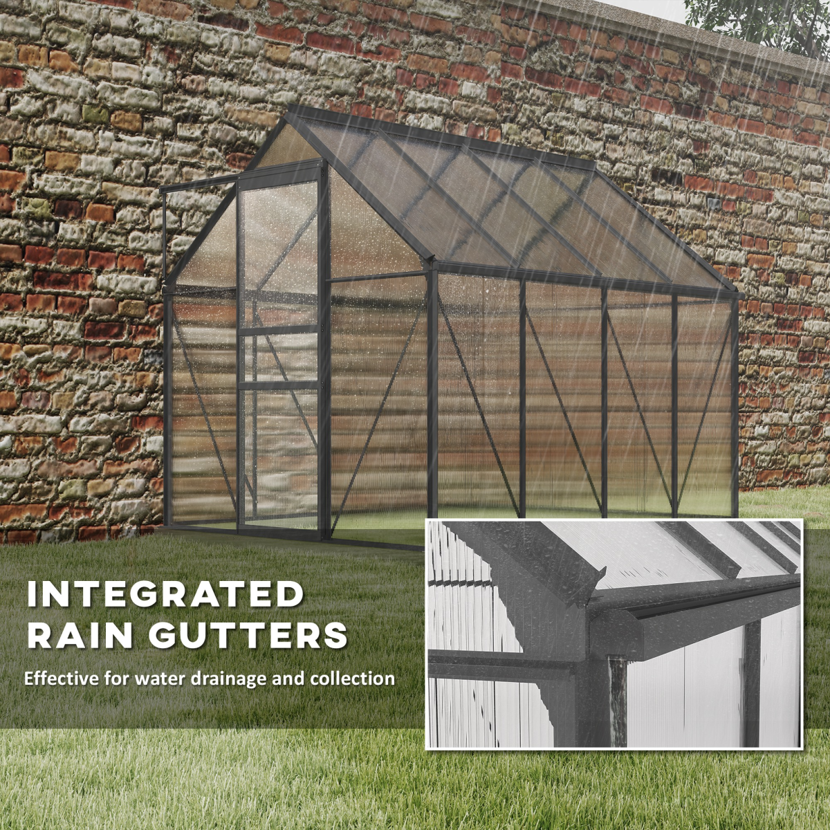 Outsunny Polycarbonate Walk-in Garden Greenhouse w/ Sliding Door Dark Grey