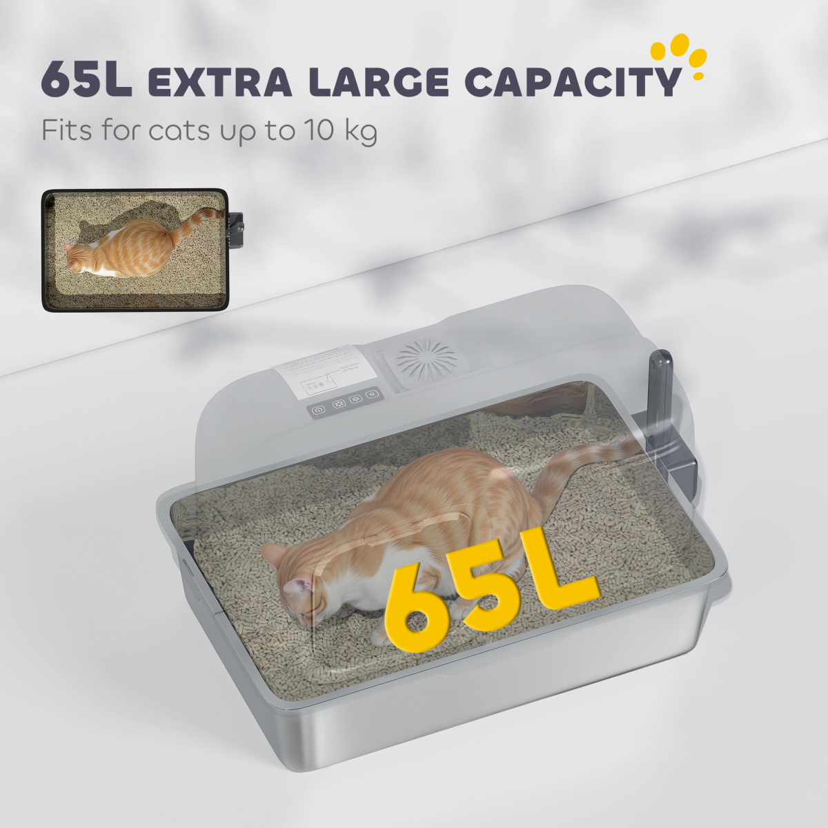 PawHut 65L XL Stainless Steel Litter Tray with Plasma Deodoriser System