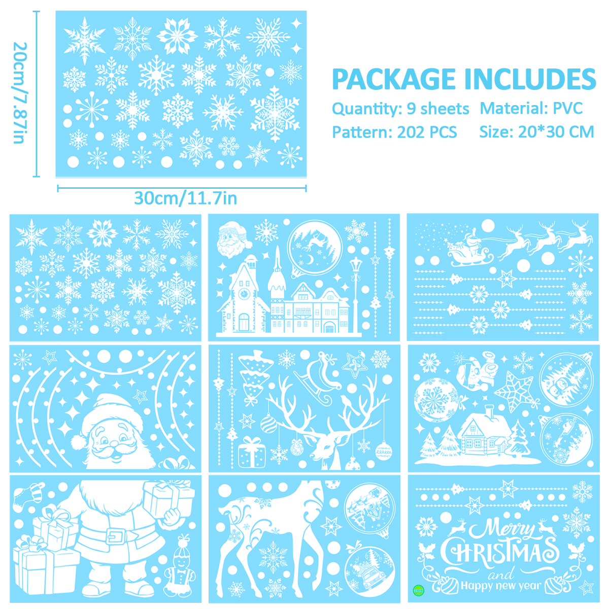 epfaivy Christmas Window Stickers Reusable 202Pcs - Double Sided Xmas Window Stickers Christmas Scene, White Father Christmas Reindeer Stickers, Removable Window Clings for Christmas Decorations