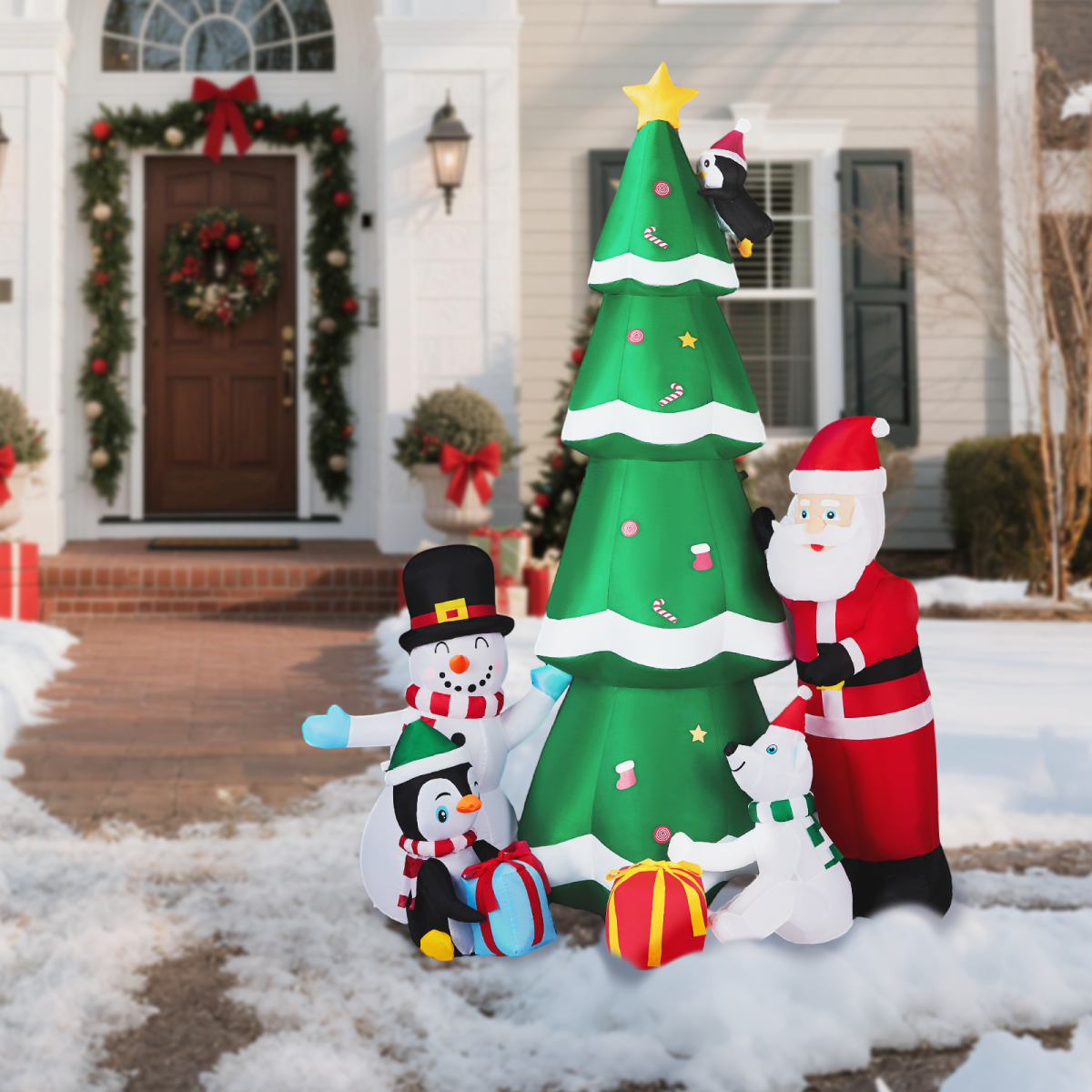 2.25M Lighted Christmas Inflatable Decoration, Inflatable Christmas Tree with Santa and Snowman, Funny Blow Up Yard Decorations with Built-in LED Lights for Holiday Party Front Yard Lawn Garden Decor