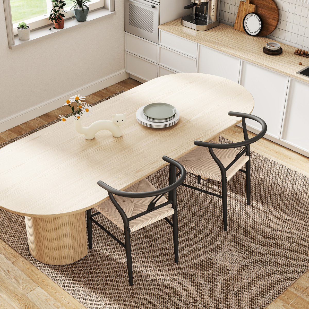 HOMCOM Weave Dining Chairs Set of 2 with Y-Shaped Backrest Hemp Seat Black