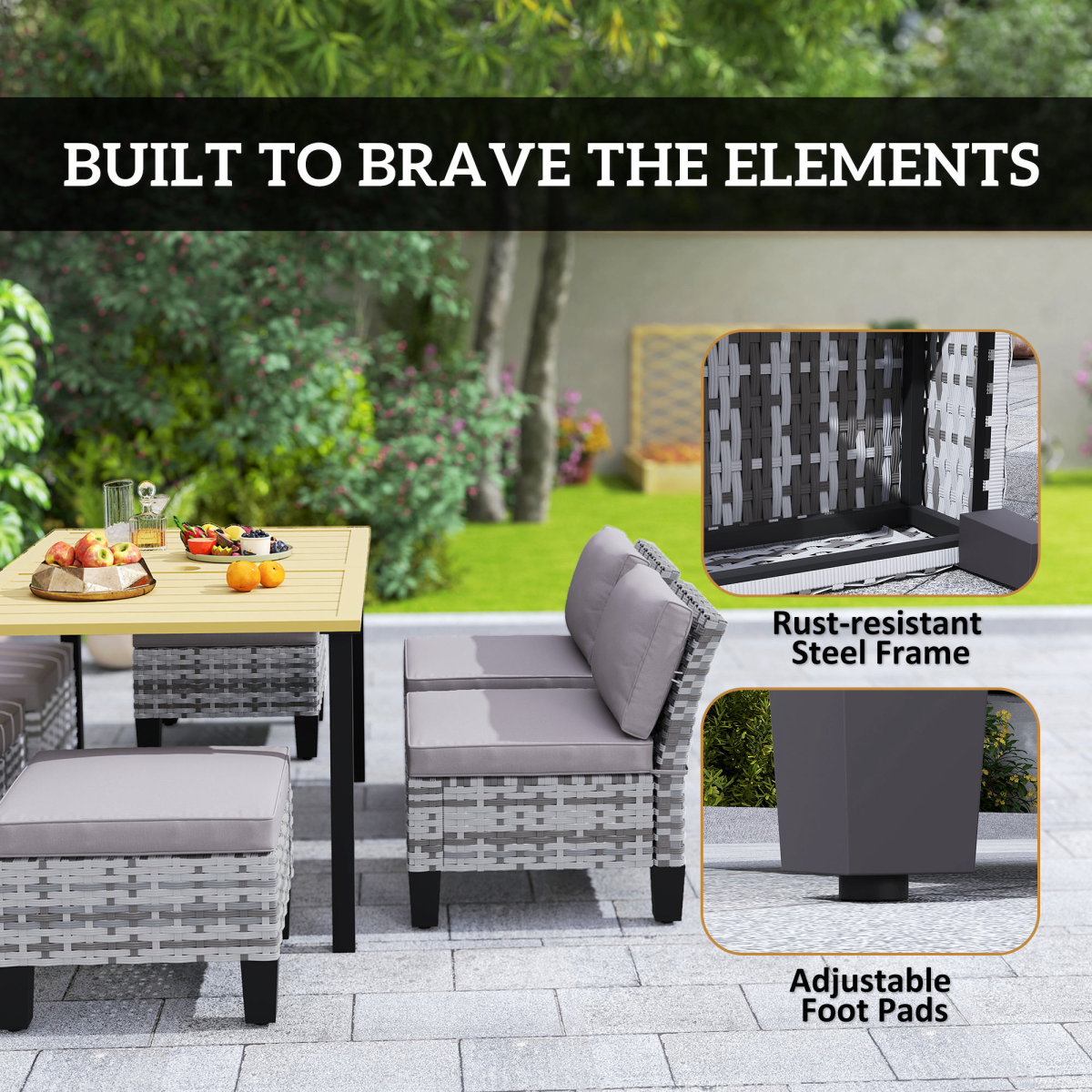 Outsunny 7 PCS Rattan Garden Dining Set with Cushions, Umbrella Hole, Grey