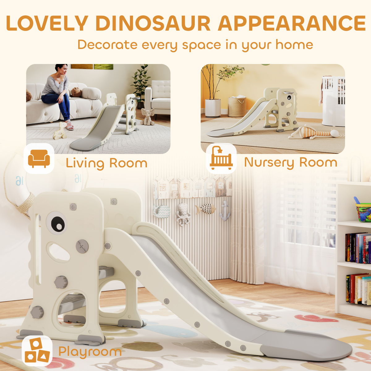 AIYAPLAY Foldable Kids Slide with Climber, Basketball Hoop, Cream White