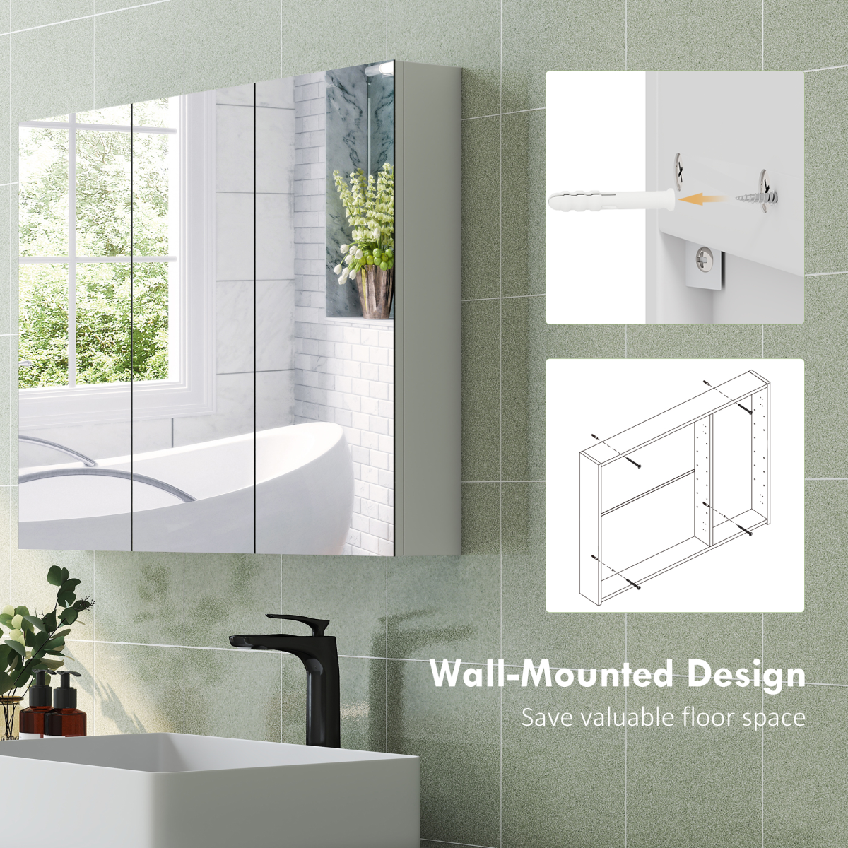 HOMCOM Bathroom Mirror Cabinet with 4 Adjustable Shelves, White