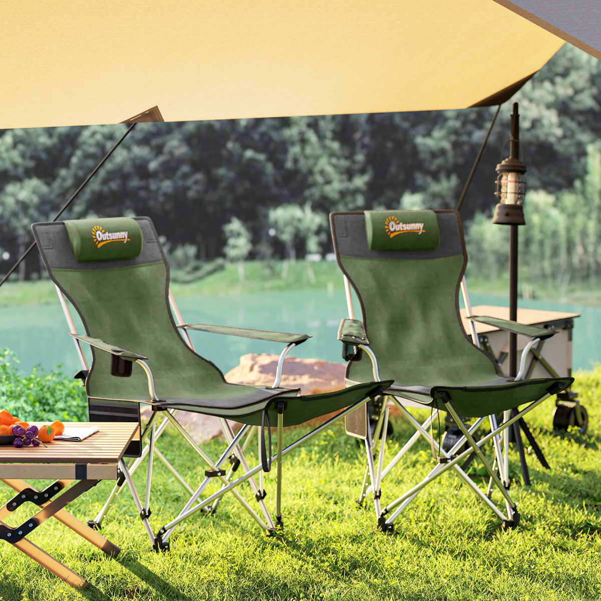 Outsunny Set of 2 Reclining Camping Chairs, Olive Green and Grey