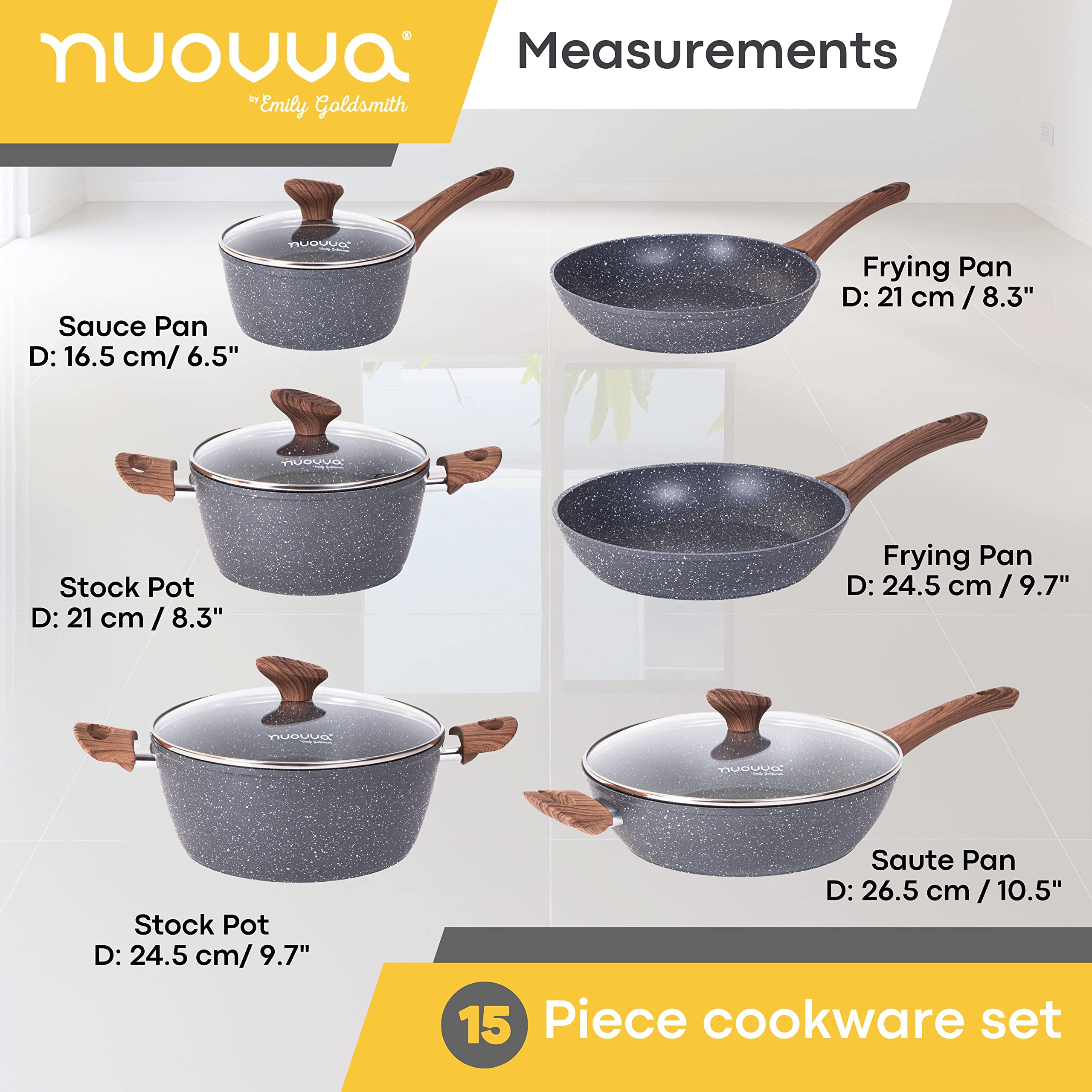 Non Stick Pots and Pans Set Induction Hob Pots Set 15pcs Kitchen Cookware with Lids Cooking Marble Saucepan Pots - by Nuovva
