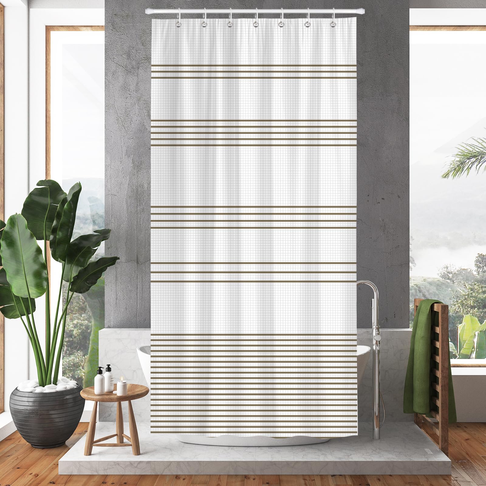 Hopomoon White and Brown Stripes Shower Curtain,Modern Classic Striped Waterproof Polyester Fabric Checkered Pattern Bathroom Curtain with 12 Plastic