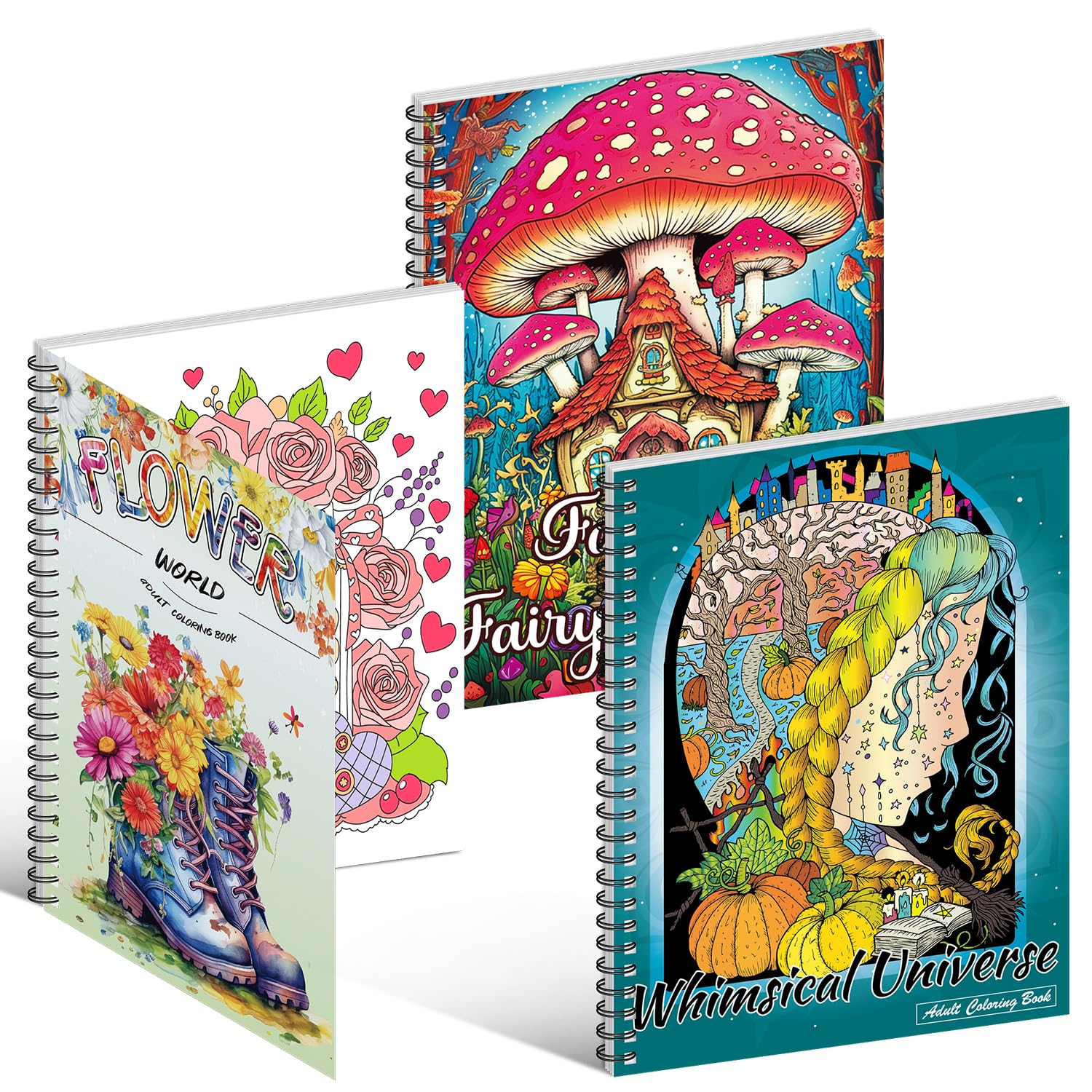 Kalysky 3 Pack Adult Colouring Books, Mindfulness Colouring Books for Adults, Themes Include Flower World, Whimsical Universe, Fantasy Fairy Homes for