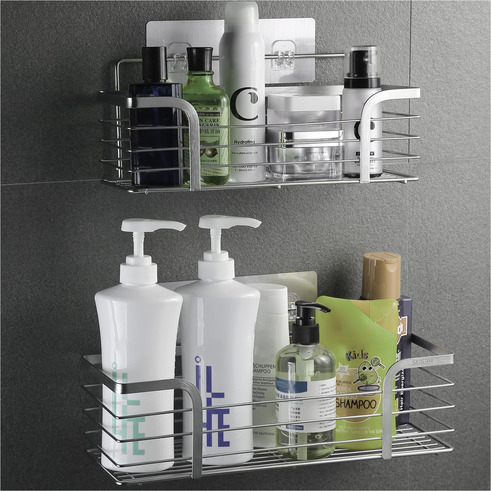 Poywaze Shower Caddy, Adhesive Bathroom Caddy, Stainless Steel Bathroom Organiser, Shower Organiser No Drilling, Rectangle, Silver(Set of 2)