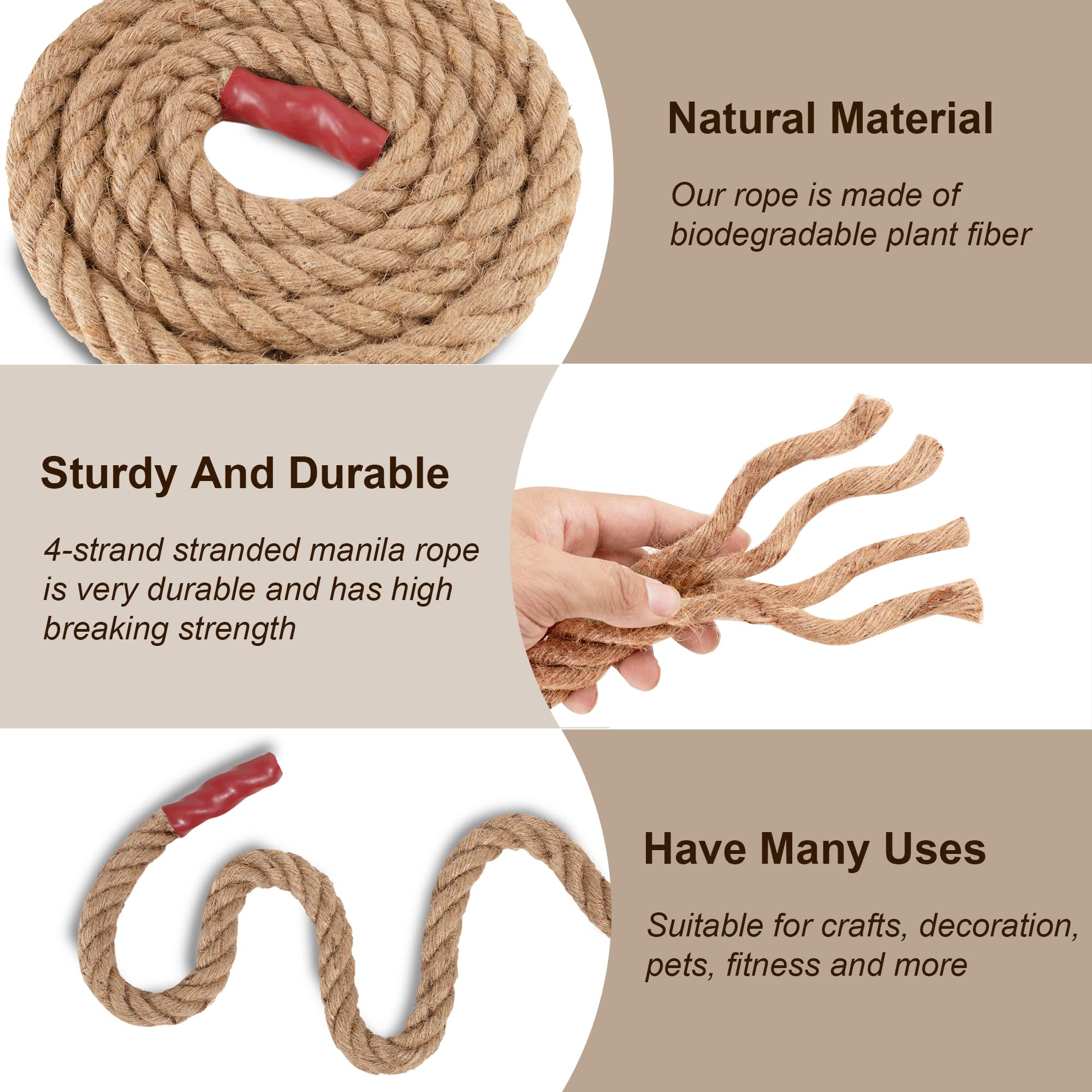 EMEKIAN 25mm Natural Thick Jute Rope, 15M Twisted 4 Strand Fiber Hemp Rope, Strong Jute Twine String for Gardening, Craft, Bundling, Camping,