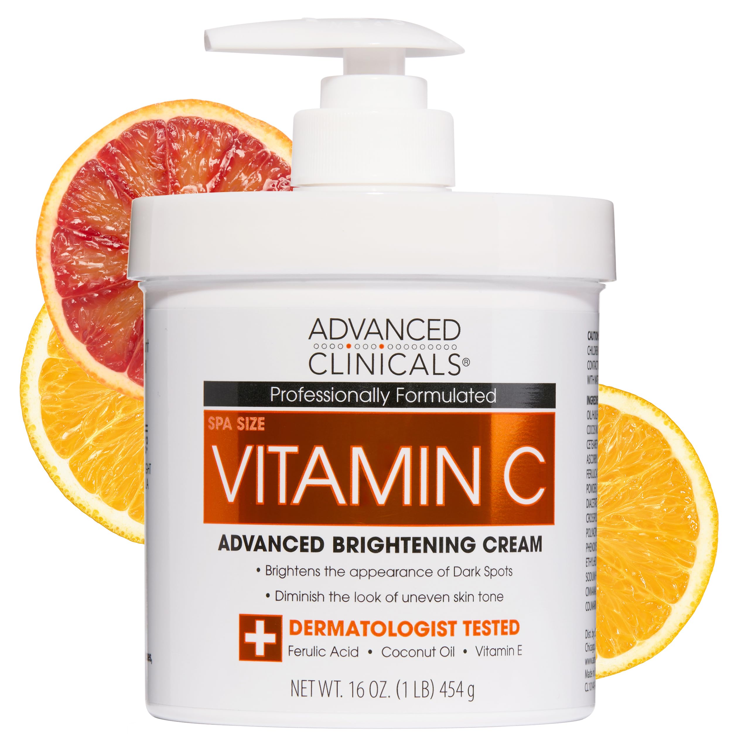 Advanced Clinicals Vitamin C Cream. Advanced Brightening Cream. Anti-aging cream for age spots, dark spots on face, hands, body. Large 16oz.