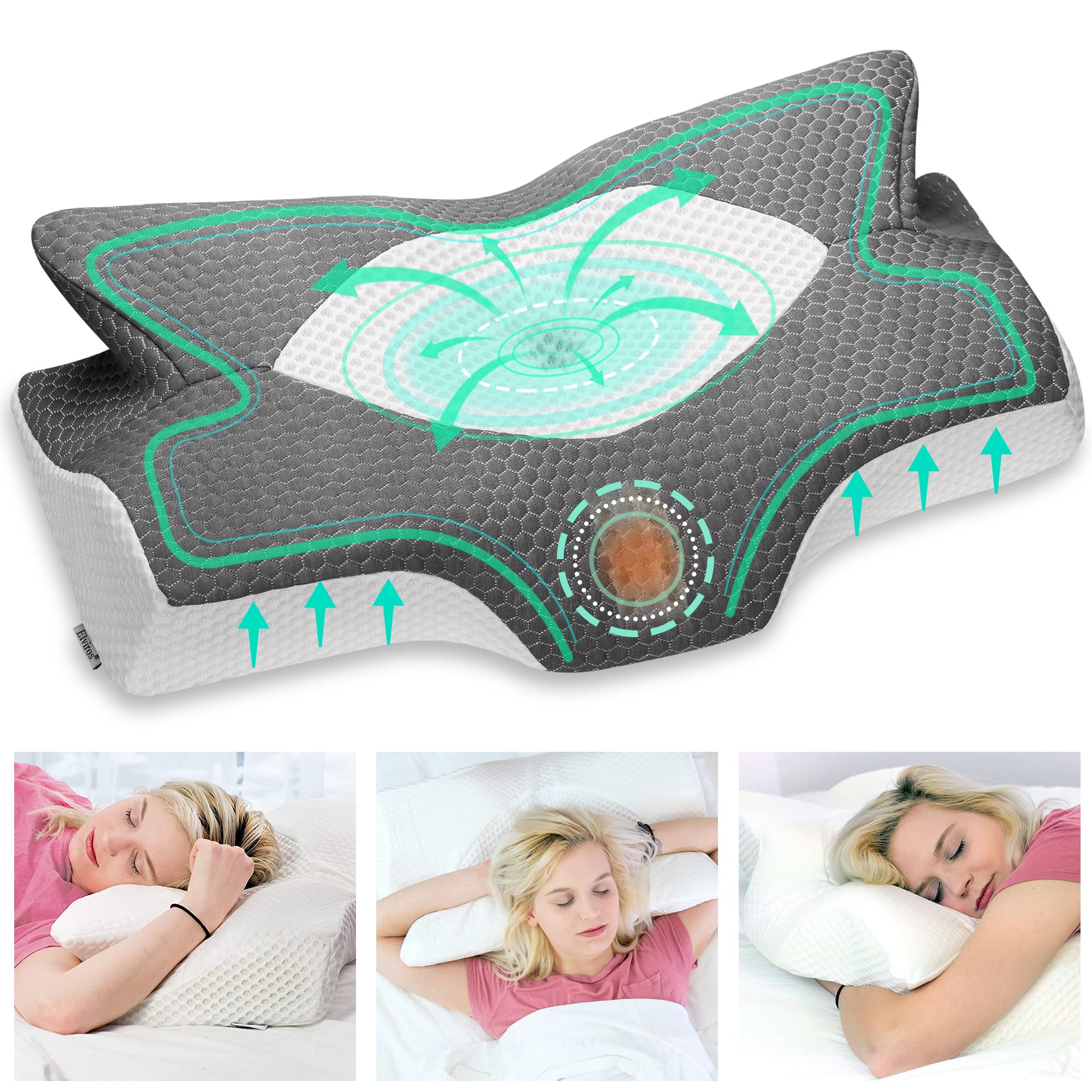 Elviros Cervical Memory Foam Pillow for Neck Pain Orthopedic Neck Pillow for Shoulder Pain Ergonomic Head Neck Support Pillow for Side/Back/Stomach