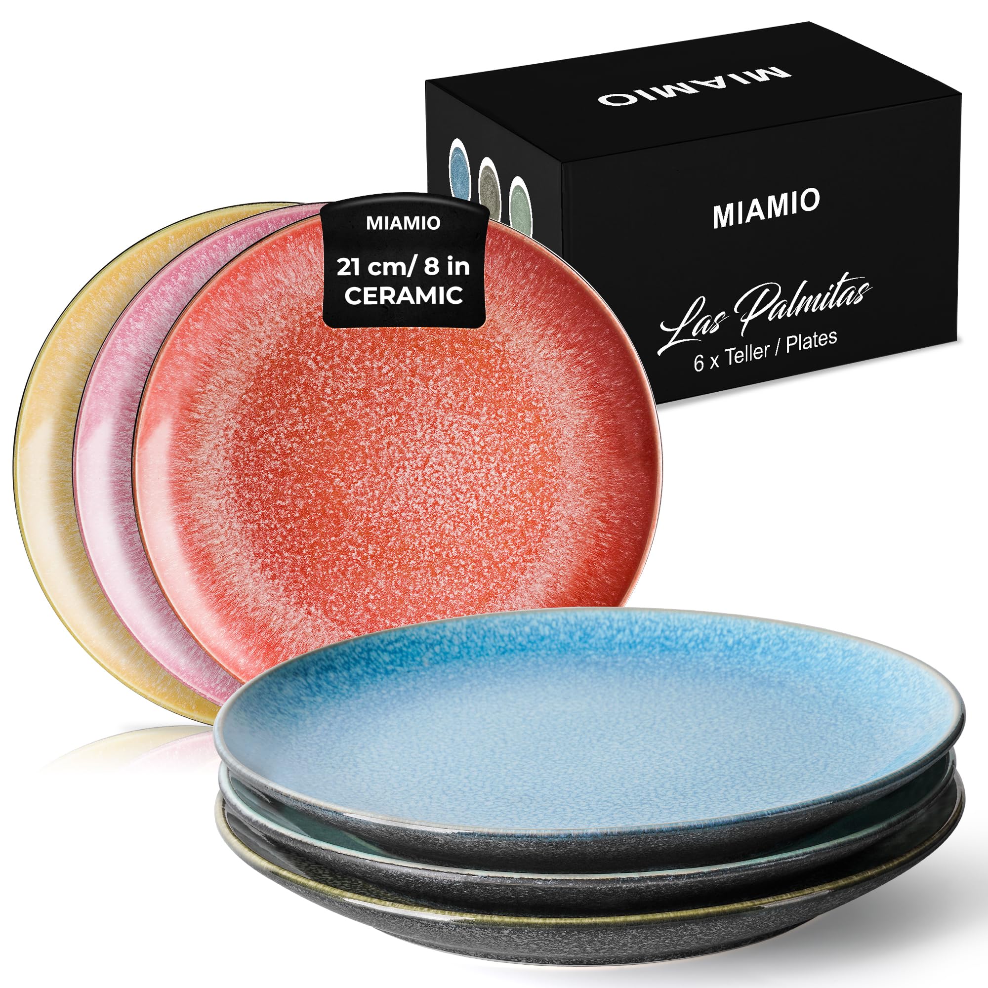MIAMIO ? Set of 6, 21 cm Dinner Plates, Ceramic Plates, Kitchen Plates, Plate Sets ? Microwave Safe Plates, Oven and Dishwasher Safe ? Las Palmitas