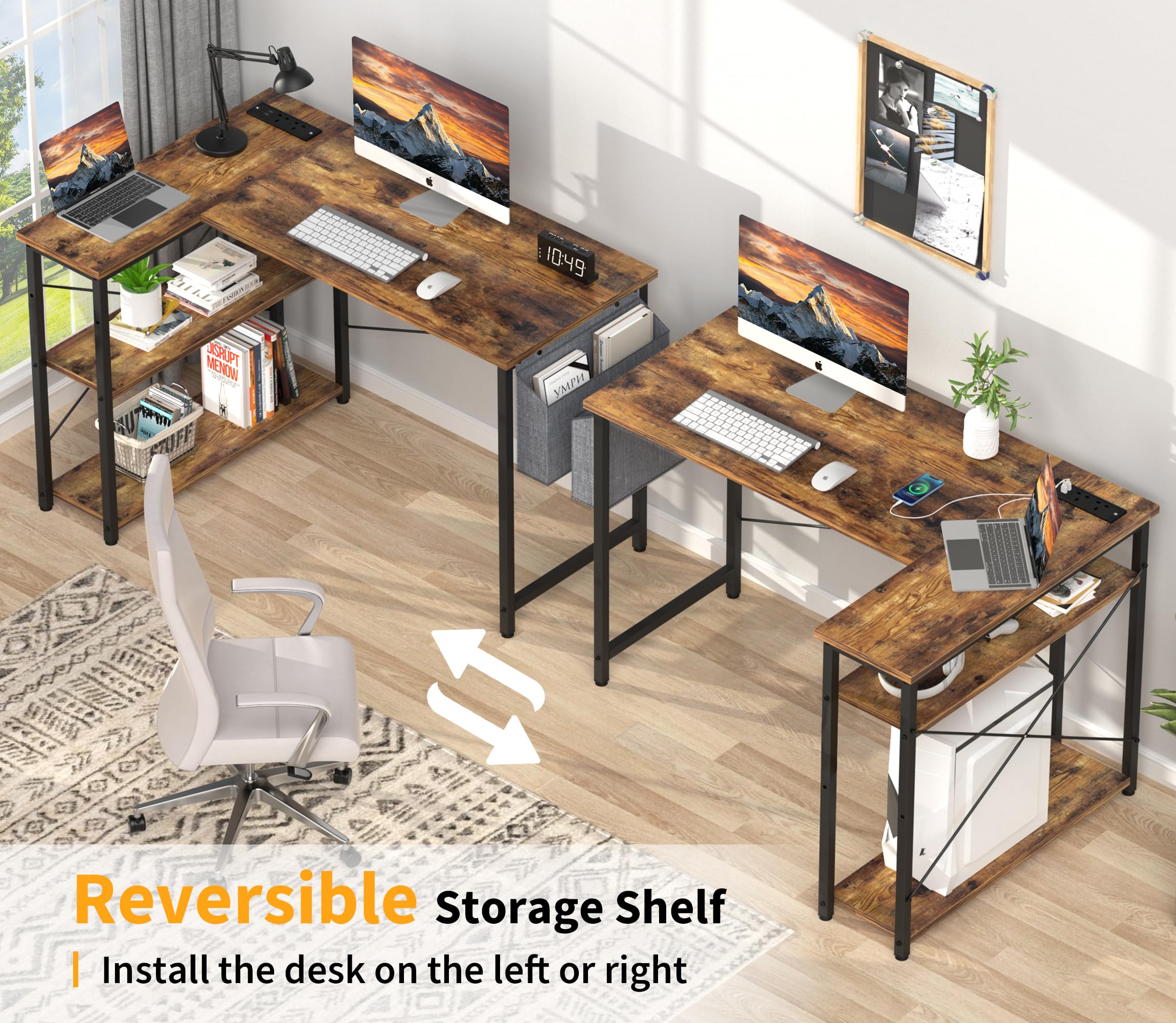 Yornoli L Shaped Computer Desk with Power Outlet, 118CM Corner Office Desk for Small Spaces with Storage Shelves, Study Work Writing Table for Home