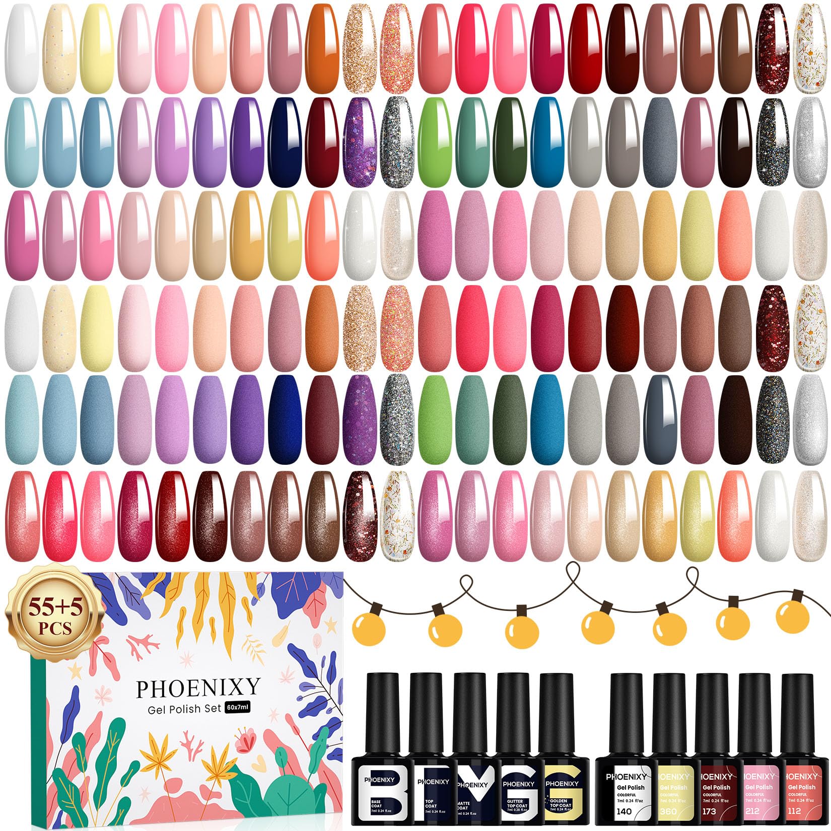 Phoenixy Gel Nail Polish - 60pcs 7ml Gel Nail Polish Set UV Soak-off Nail Polish with Base Coat and Glossy Matte Glitter Top Coat Nail Varnish Sets