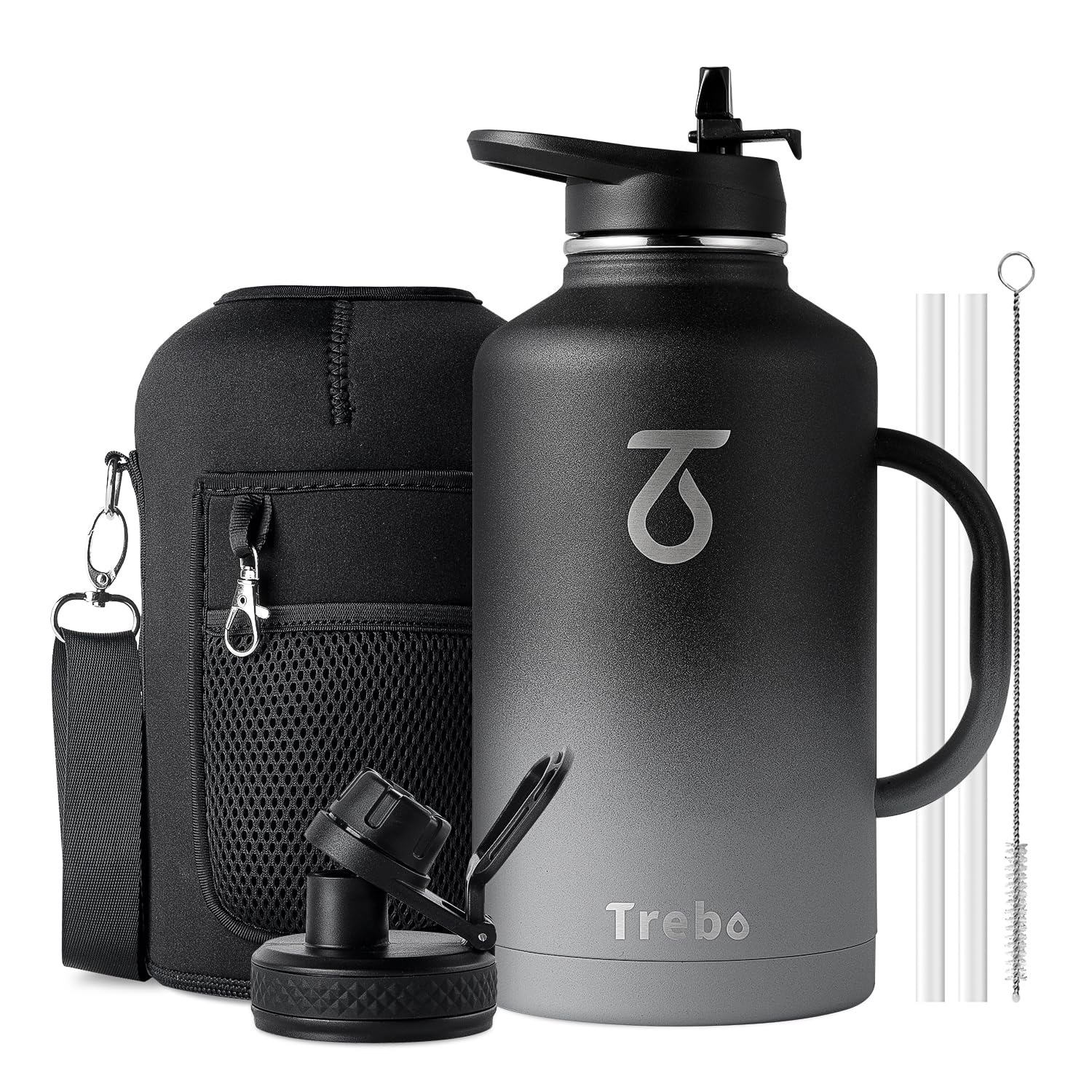Trebo Insulated Water Bottle 2L, Stainless Steel Water Bottle 2L Metal Bottle with Handle Metal Large Jug Travel Flask with Straw Spout Lid Mug