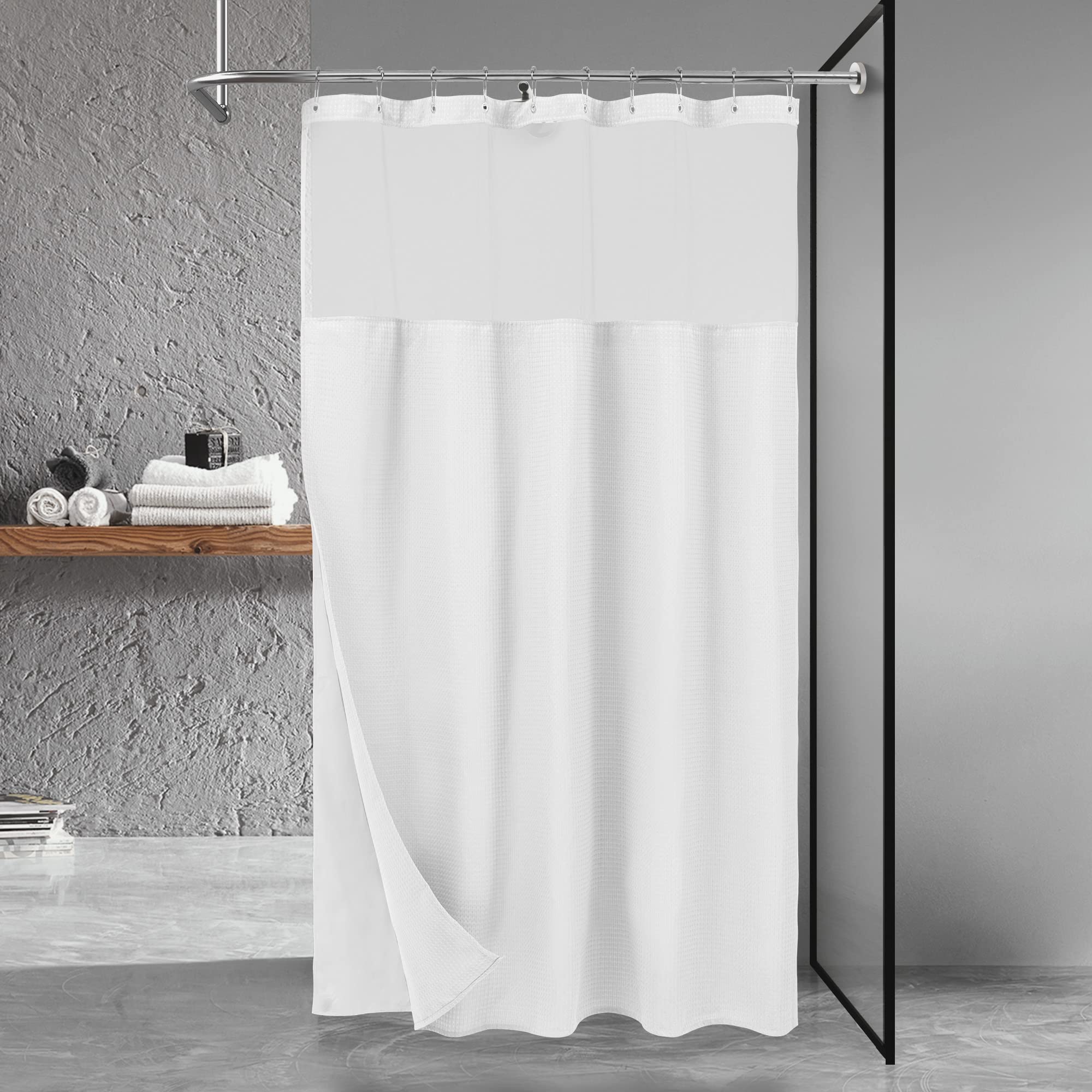 N&Y HOME Stall Waffle Shower Curtain with Snap-in Fabric Liner & Hooks Set - 54" x 78" Shower Stall Size, Hotel Style & Mesh Top Window, Machine