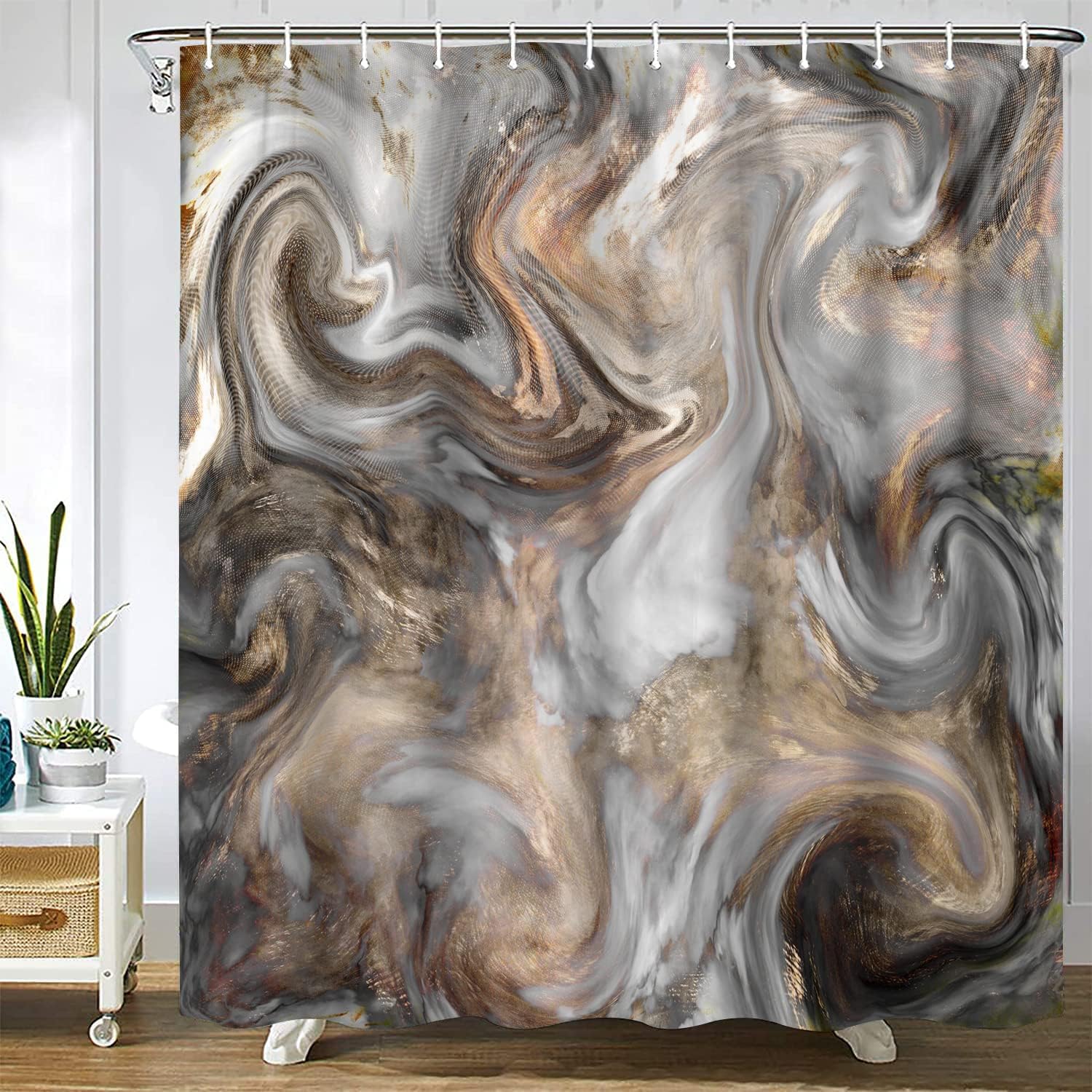 Gaakvrr Shower Curtain Retro Light Grey Brown Marble Texture Waterproof Polyester Fabric Bathroom Curtain Set with 12 Hooks (180x180 cm)