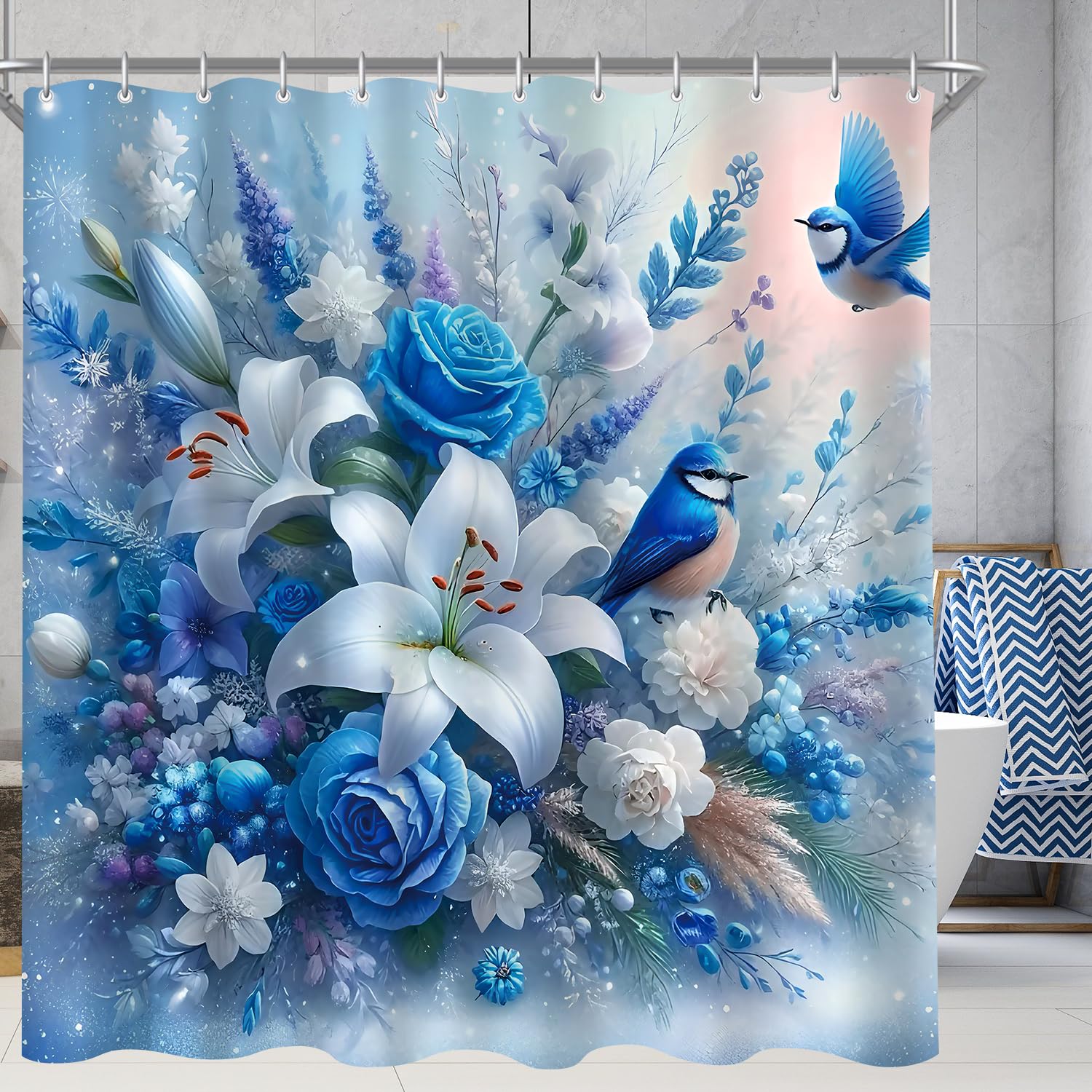 Lerores Shower Curtain, 100 x 200 cm, Blue Bird, Weighted Hem, Anti-Mould, Water-Repellent, Washable Polyester Bath Curtains with 12 Eyelets and