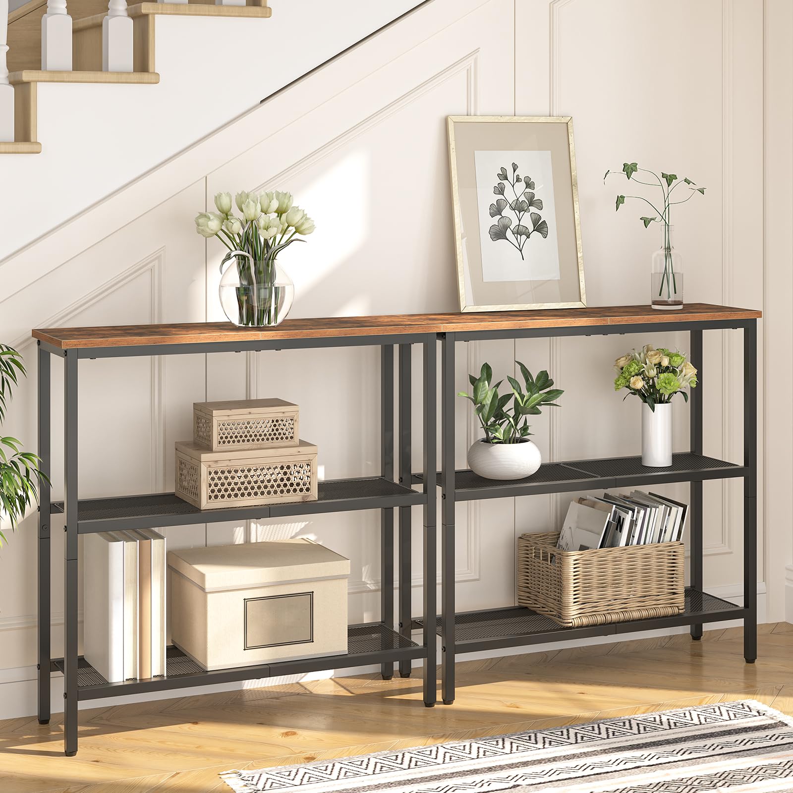 HOOBRO Console Table for Hallway Slim, Narrow Console Table, Hallway Table with 3 Shelves, Slim Sofa Table for Small Spaces, Living Room, Metal Mesh