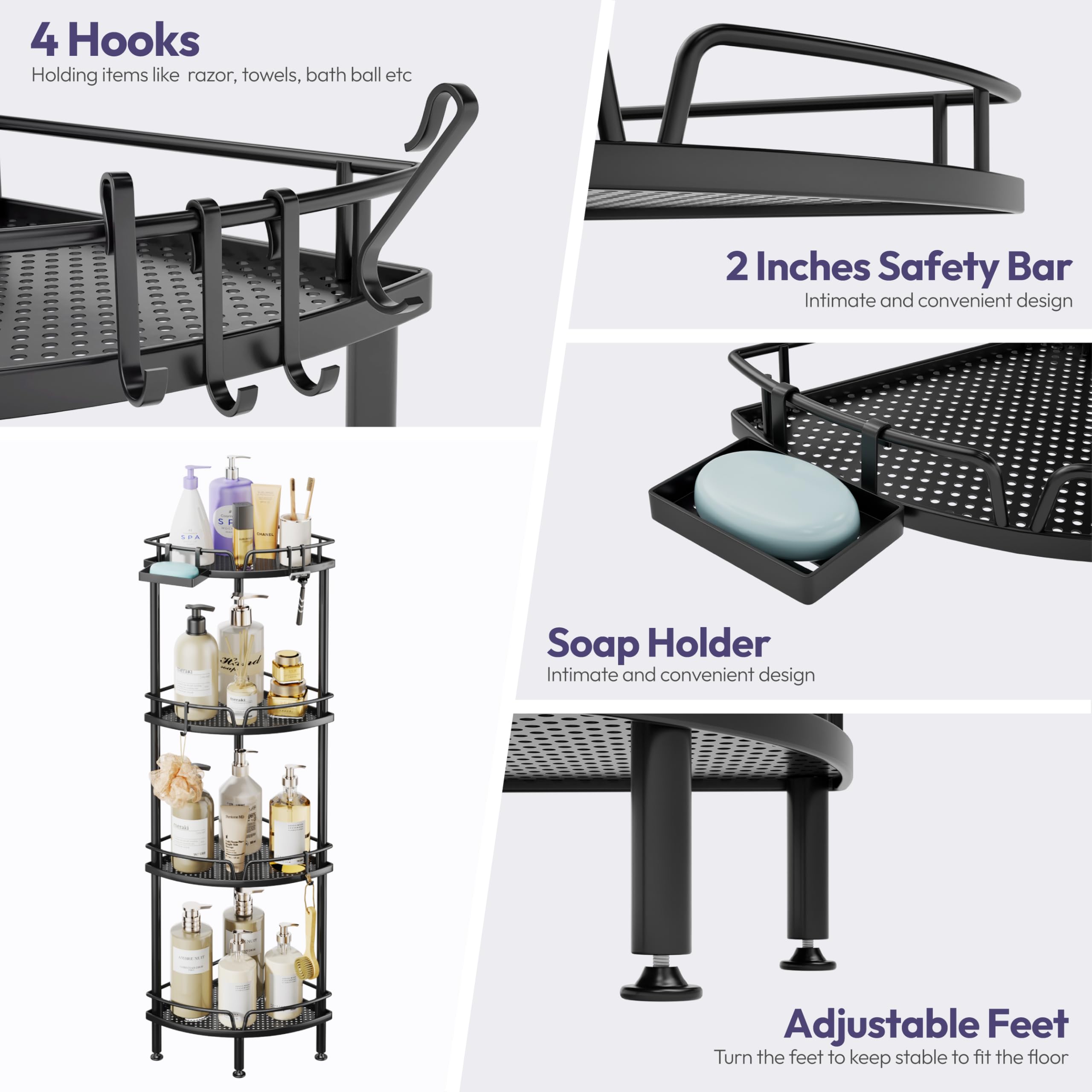 SWTYMIKI Corner Shower Caddy - 4 tier Bathroom Corner Shelf Shower Organizer Corner with 4 Hooks, Rust Free Standing Shower Caddy with Soap