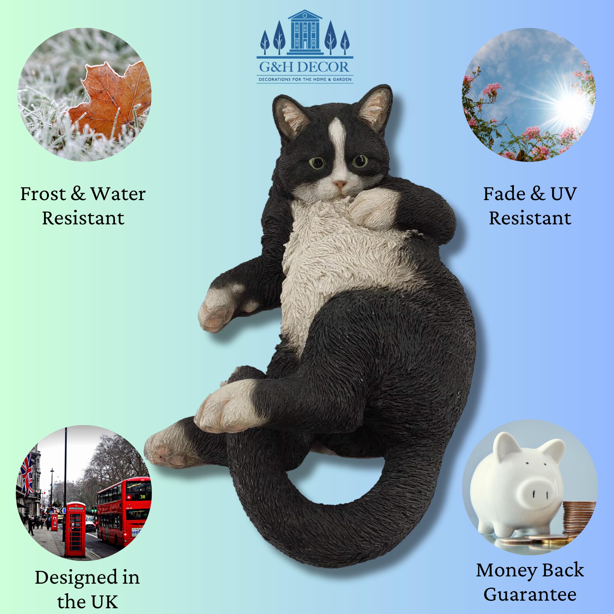 G&H Decor ? 38cm Black and White Cat Ornament ? Hand Finished Cat Garden Ornaments Outdoor with Intricate Detail ? Frost and Fade Resistant Cat
