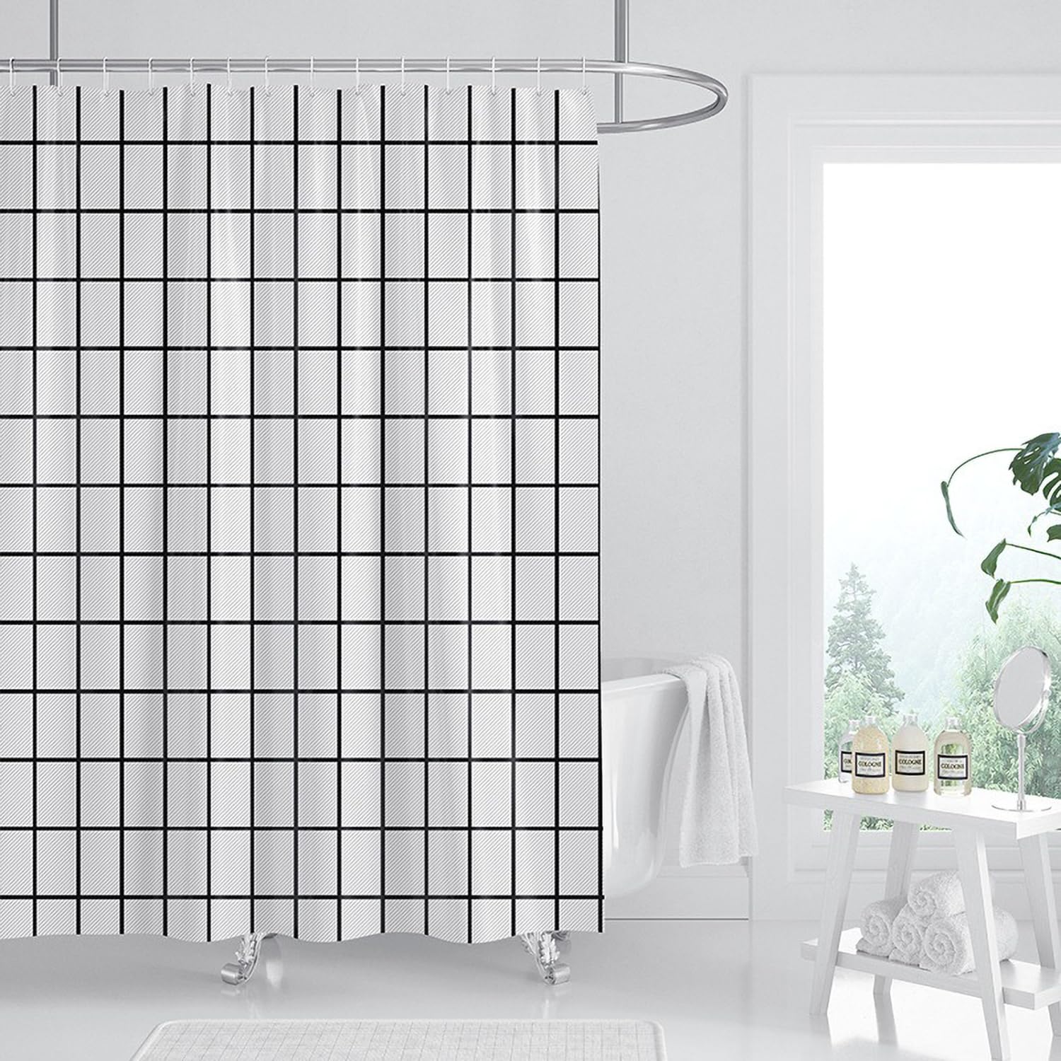 FSZhenZuan Shower Curtain 200 x 200 cm Drop Water Repellent Anti Mould Wet Room Shower Curtain with Hooks Washable Polyester Fabric White Grid