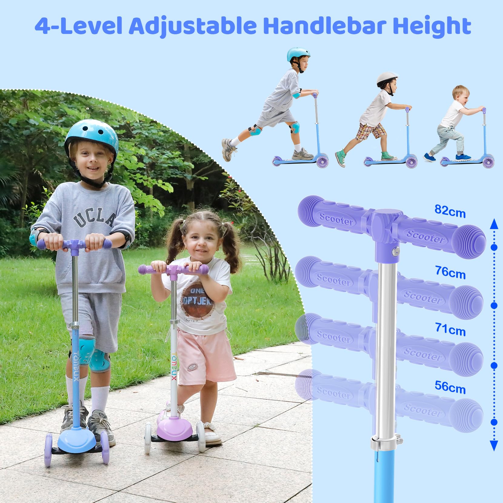 TONBUX 3 Wheel Tri Scooter, Easy Folding System, Height Adjustable Handlebars, Tilt To Turn Steering, Kids Aged 3+ Years (Blue)