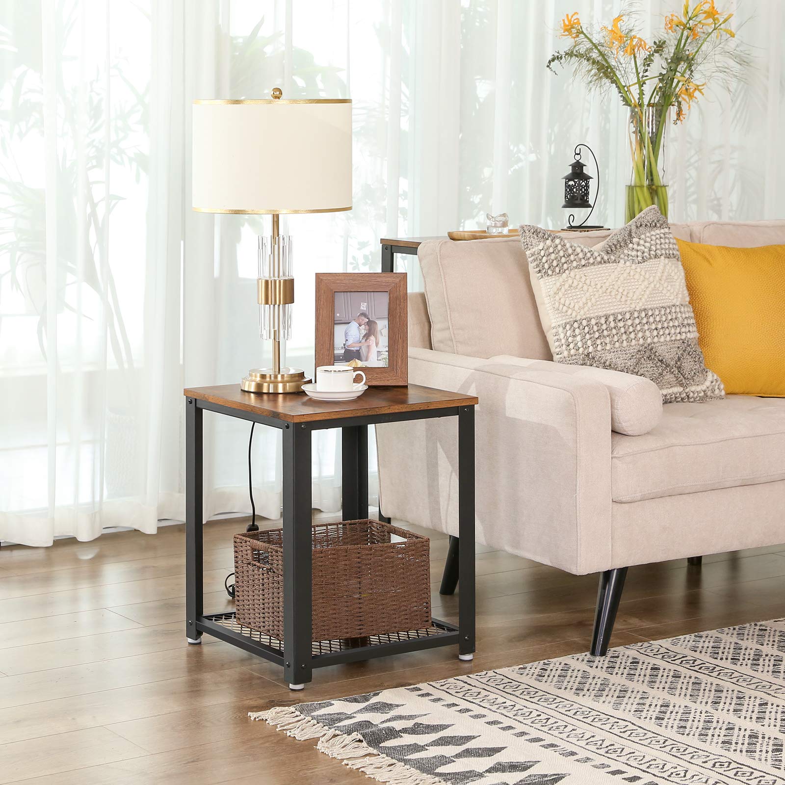 VASAGLE Side Table, Industrial End table, Coffee Table, with Metal Frame, Easy to Put Together, for Living room, Bedroom, Kitchen, Rustic Brown and