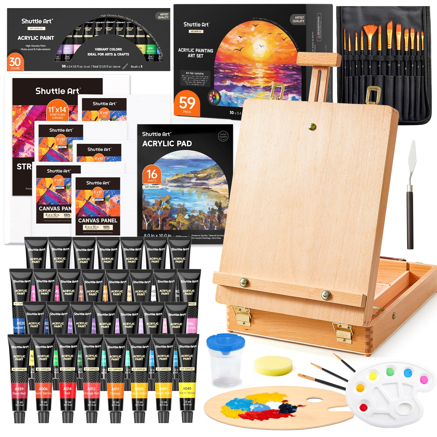 Shuttle Art 59 Pack Acrylic Painting Set, Professional Deluxe Art Set with Table Top Easel, 30 Colours Acrylic Paints Set, Canvas, Brushes, Complete