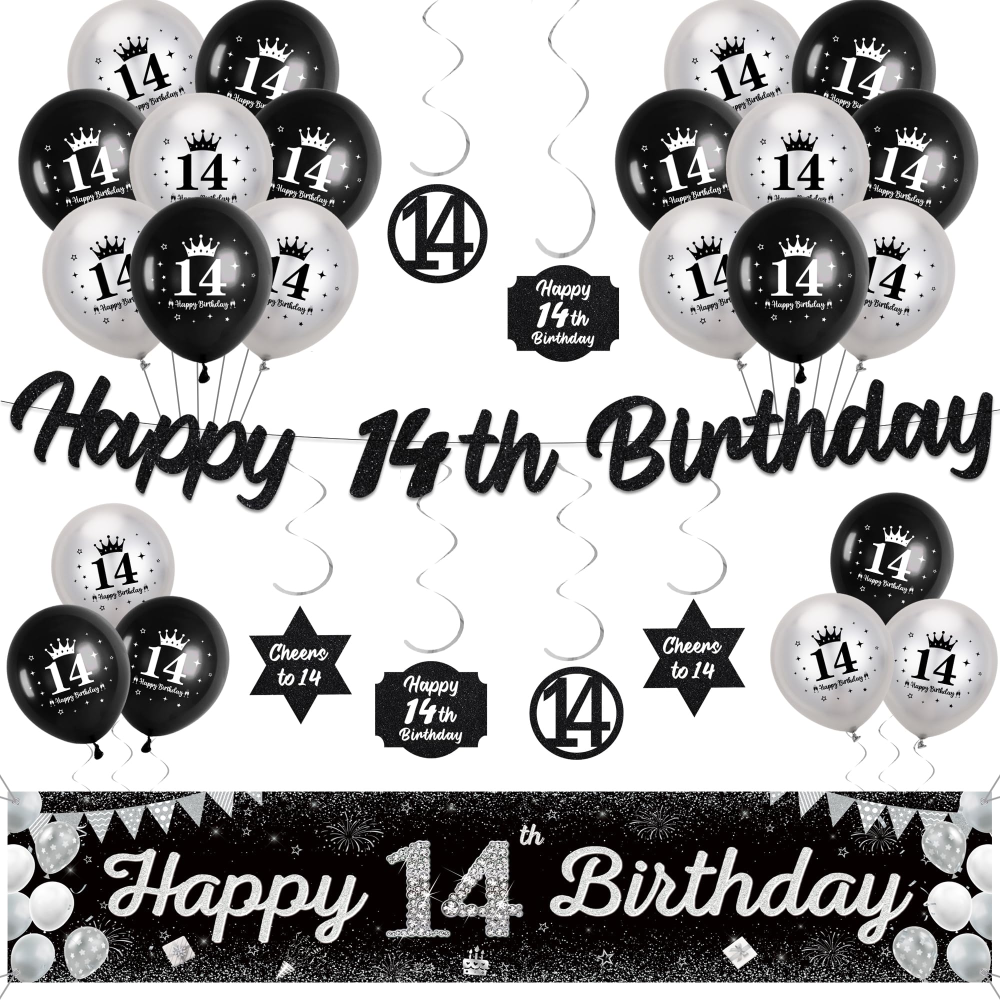 14th Birthday Decorations for Boys Girls - Black Silver Happy 14th Birthday Yard Garland and Banner, Glitter Hanging Swirls Decor and Latex Balloons