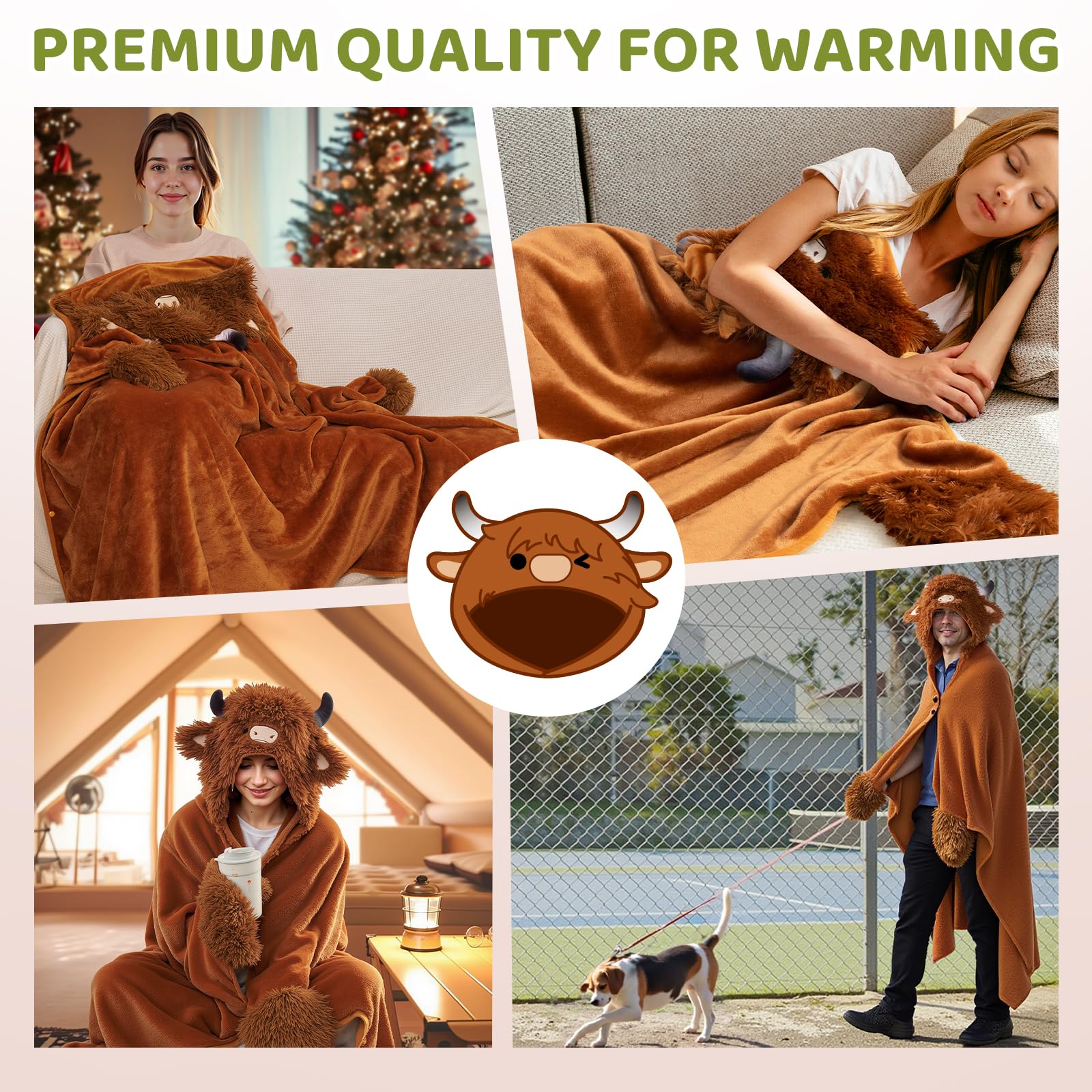 Mewaii Oversized Wearable Blanket Hoodie Kawaii Highland Cow Hooded Cloak, Soft Plush Flannel Blanket Hoodie, Unisex Cozy Blanket as Birthday Gifts