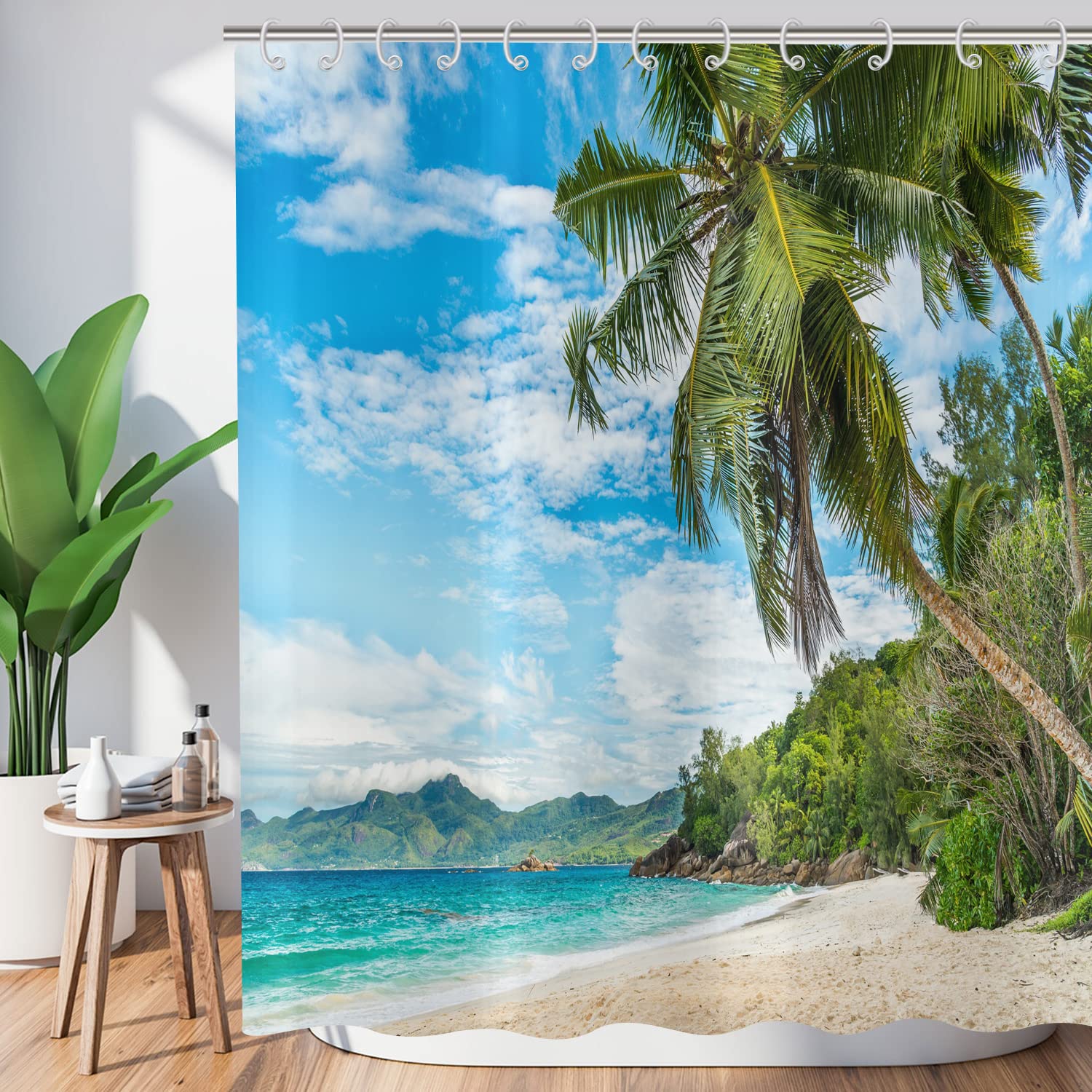 ASDCXZ Shower Curtain Palm Beach 180x200 cm, Summer Seaside Sandy Beach Blue Sky Tropical Plants Washable Shower Curtains Polyester Textile Waterproof