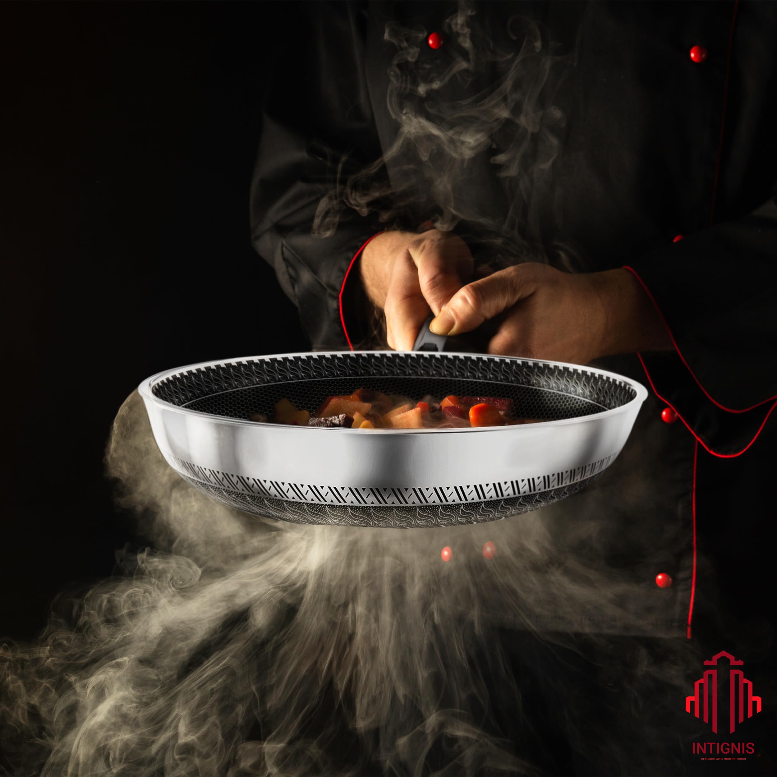INTIGNIS Premium Frying Pan with Lid 30cm/ 12 Inches Non-Stick | Scratch Resistant | Extra Deep Large | Chemical Free | Stainless Steel Skillet |