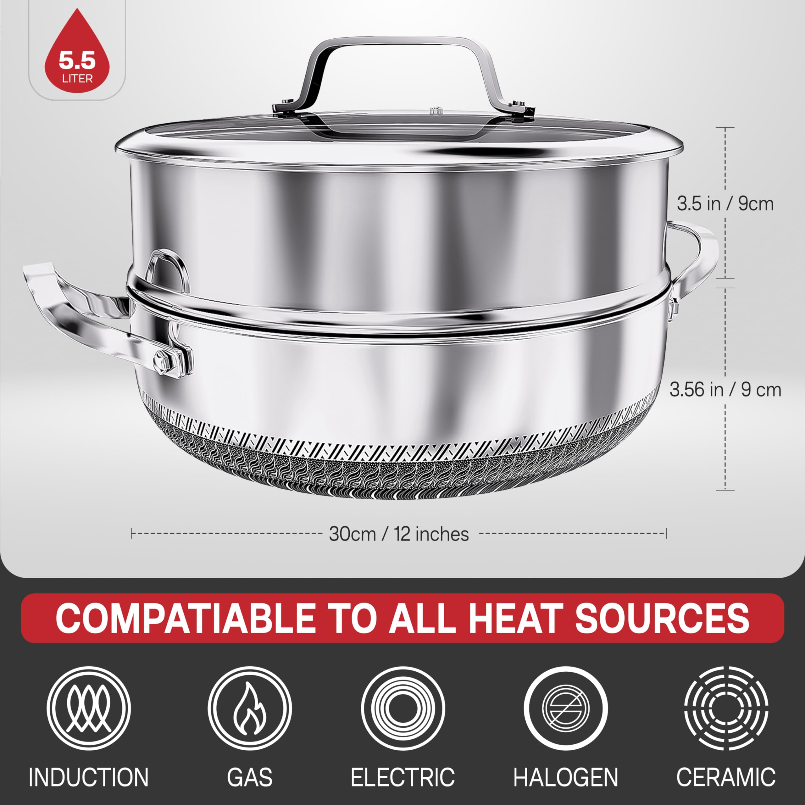 Casserole Dish with Lid Ovenproof Pot | Stainless Steel Hybrid | Toxin Free | Anti Scratch| Non Stick | 30cm | PFOA free | Induction Compatiable |