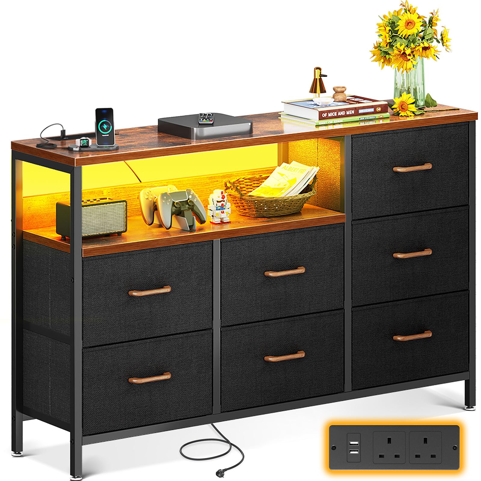 Coleshome Chest of Drawers Bedroom, with Colour Changing LED Strip and 2 USB & 2 AC Ports Sockets, Dresser with 7 Fabric Drawers Suitable for