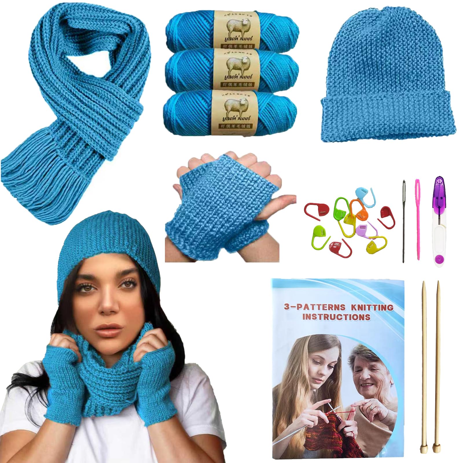 Kaaper Knitting Kit for Beginners Adults, Learn to Knit Crochet Starter Kit for Scarves, Hats & Gloves in Blue with Instruction Booklet, Wool Yarn,