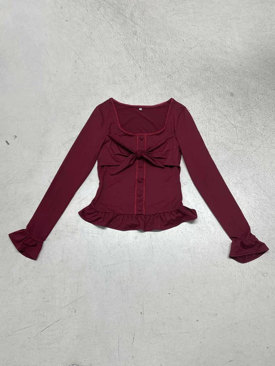 Sweet And Spicy Style With A U-neck And Ruffled Hem, Long-sleeved Design