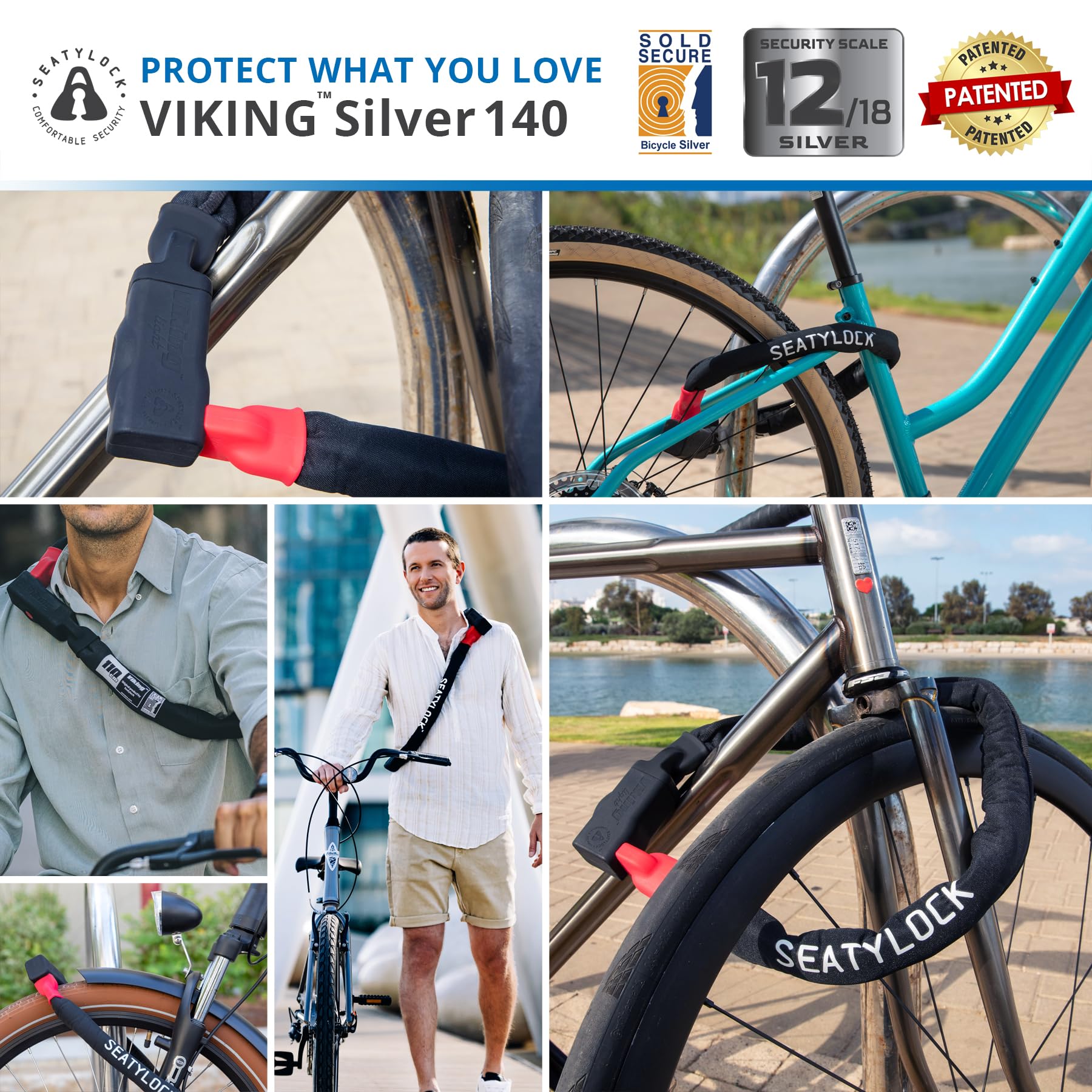 Seatylock Viking Bike Chain Lock with Key - Magnetic Patented Sold Secure Silver Rated - Heavy Duty Anti Theft - Smart Ultra Security Bicycle Lock