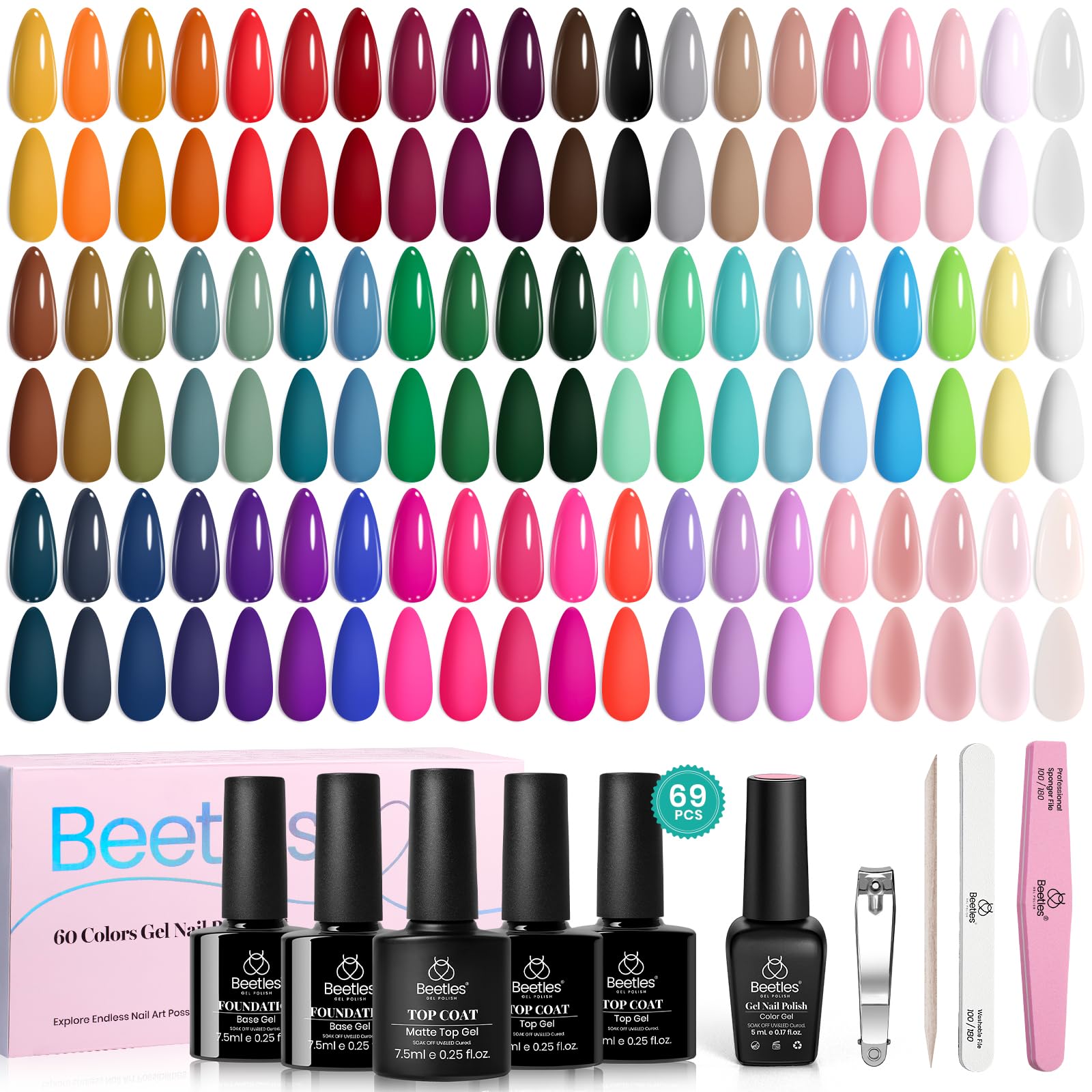 beetles 70Pcs Spring Gel Nail Polish Set- 60 Colours Polish with Base Coat Glossy & Matte Top Coat Soak off UV Gel Emotional Spectrum Collection Red