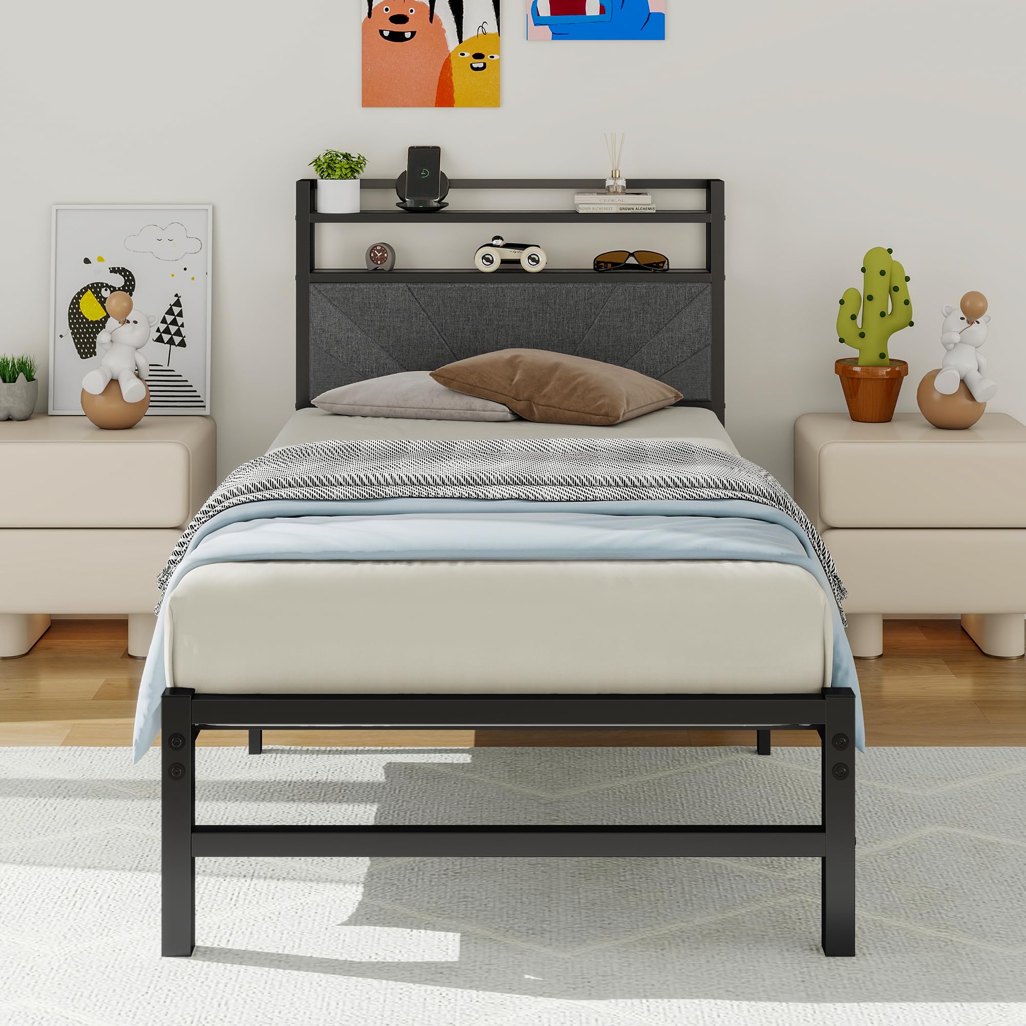 ARFARLY Bed Frame Single Bed Frame with Storage Headboard 90 x 200 cm Bed 90 x 200 cm